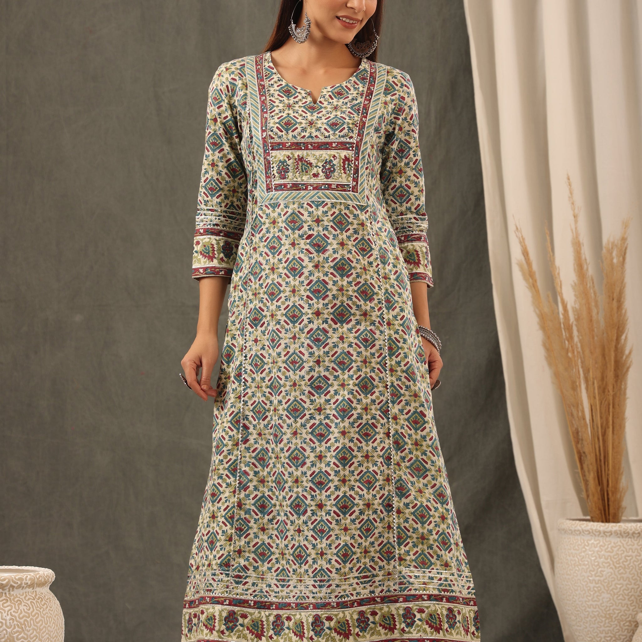 Garnet Red with Teal Green Aline Kurta