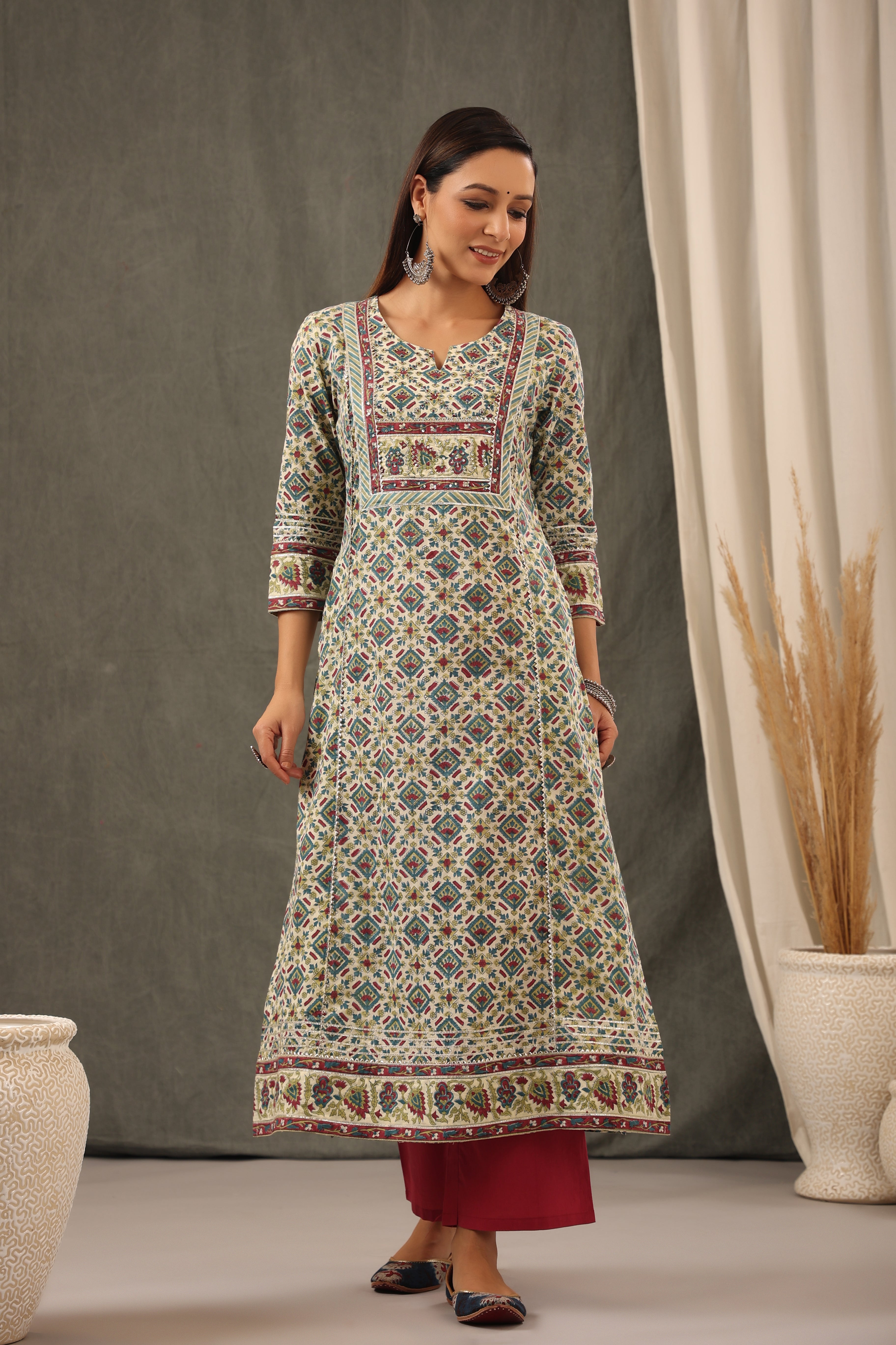 Garnet Red with Teal Green Aline Kurta