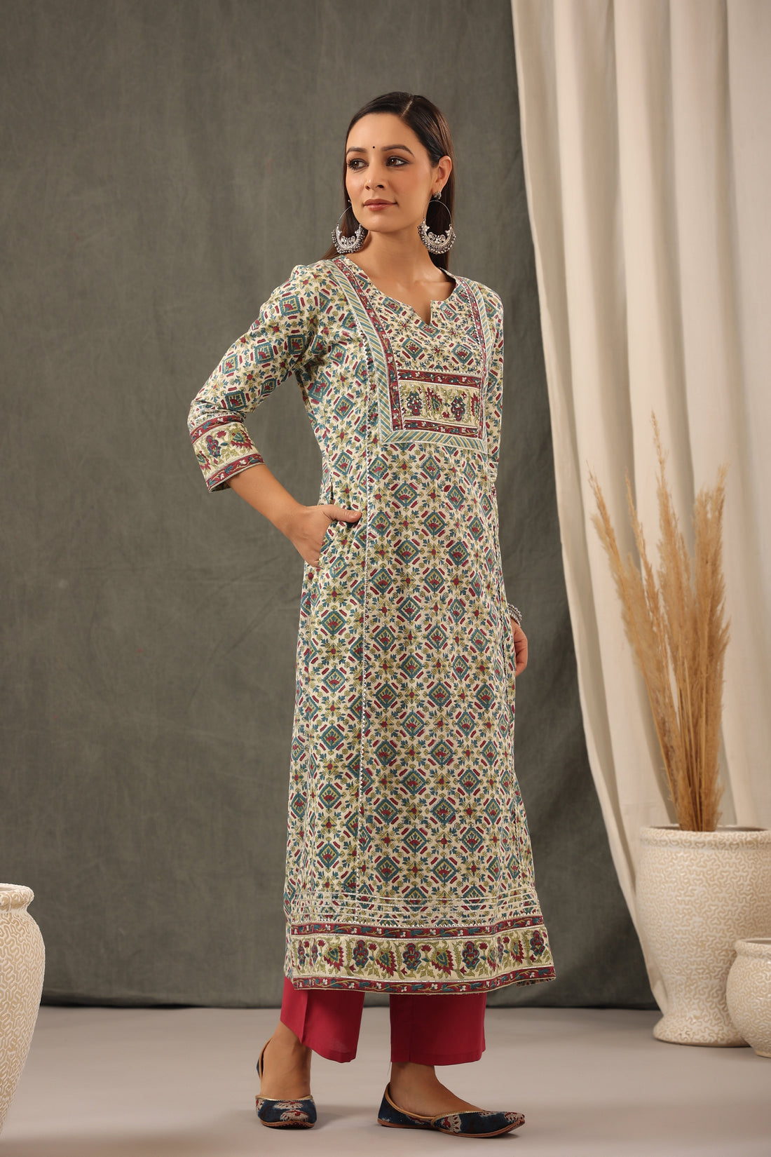 Garnet Red with Teal Green Aline Kurta