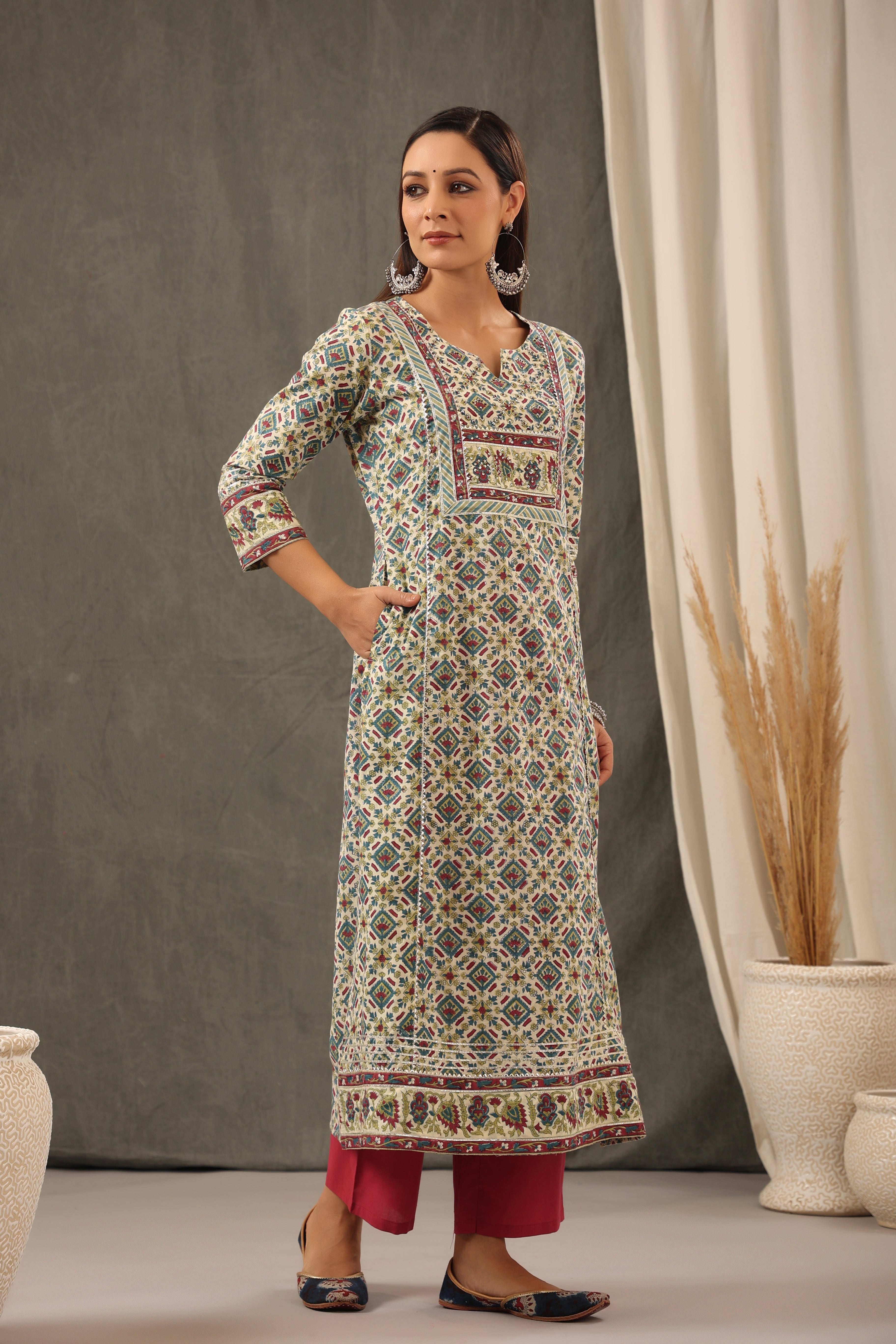 Garnet Red with Teal Green Aline Kurta