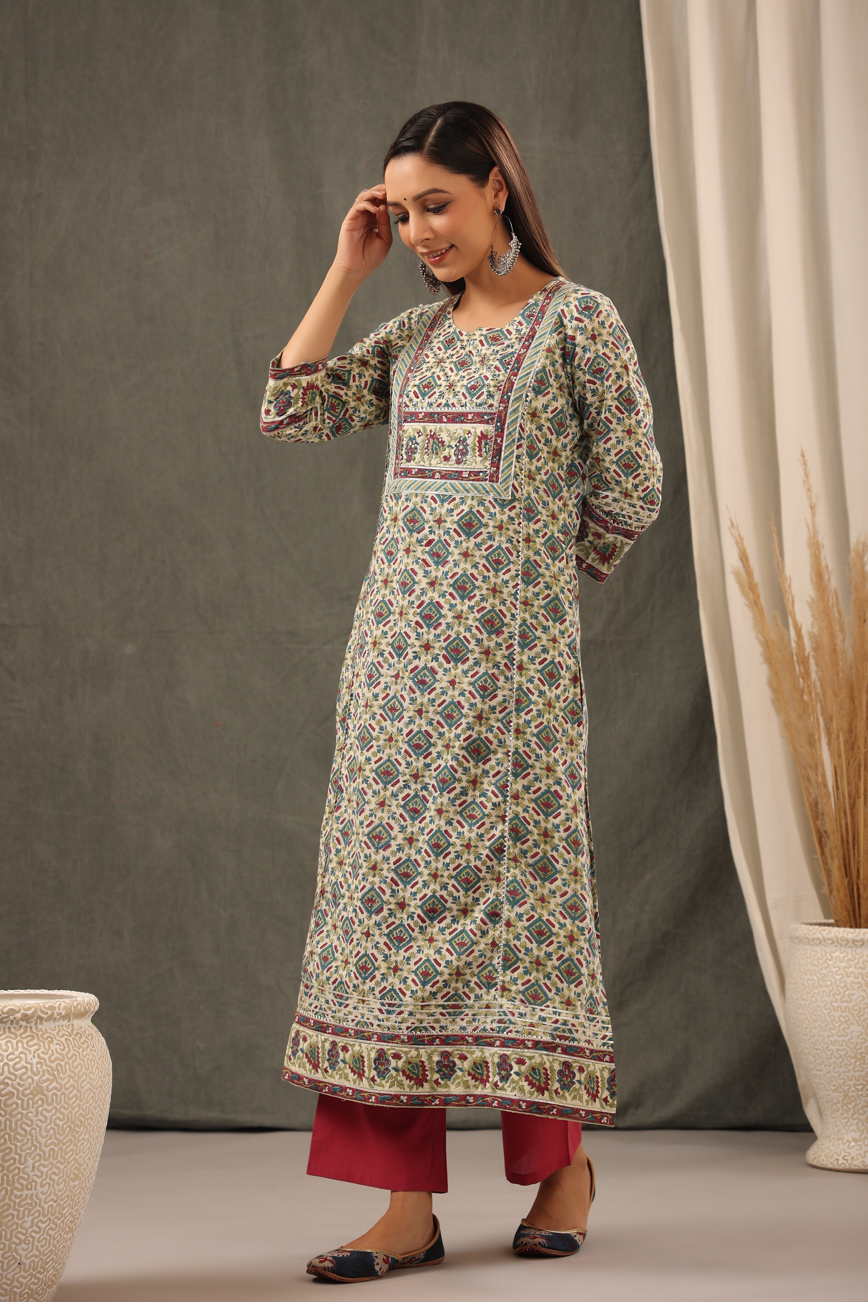 Garnet Red with Teal Green Aline Kurta