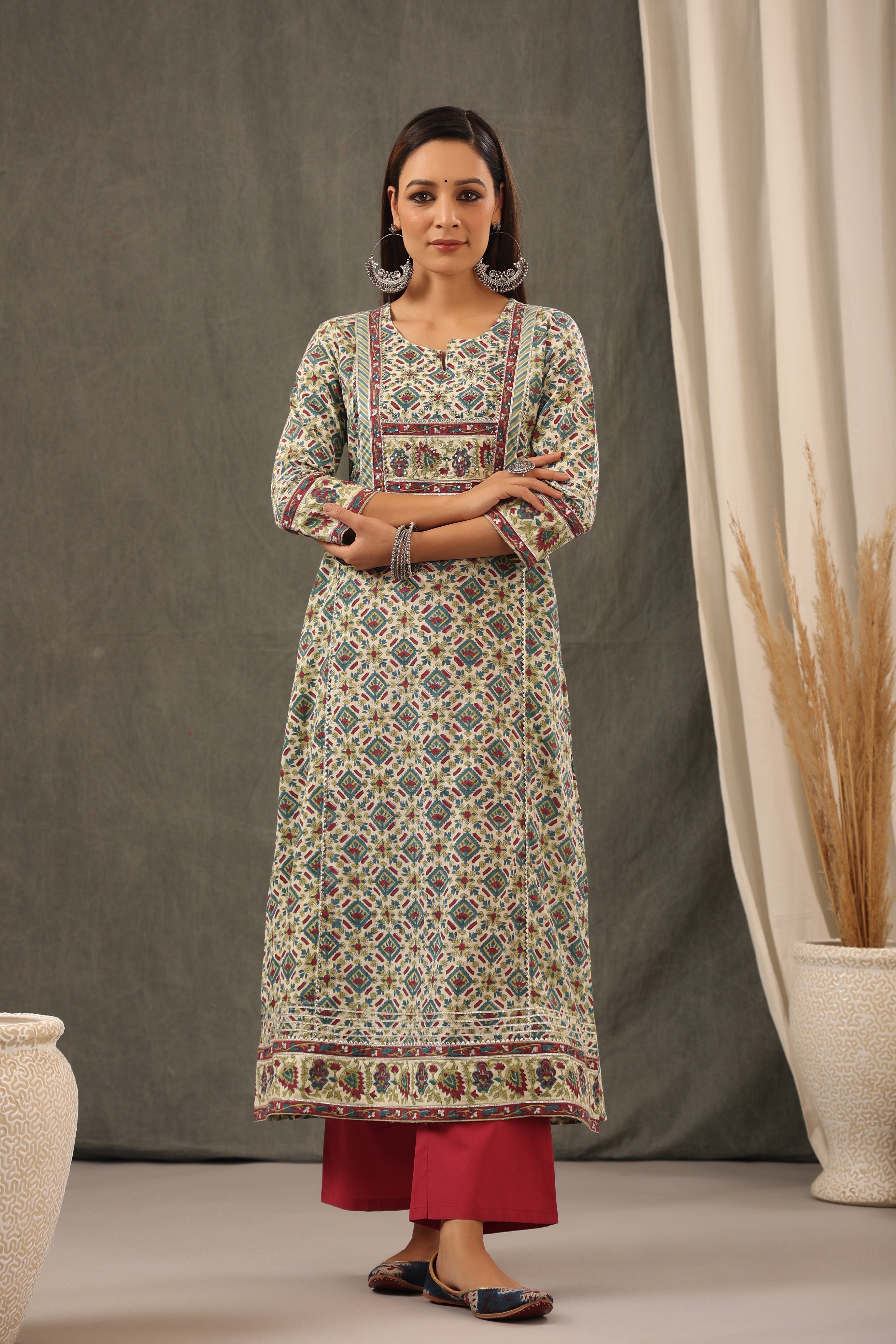 Garnet Red with Teal Green Aline Kurta