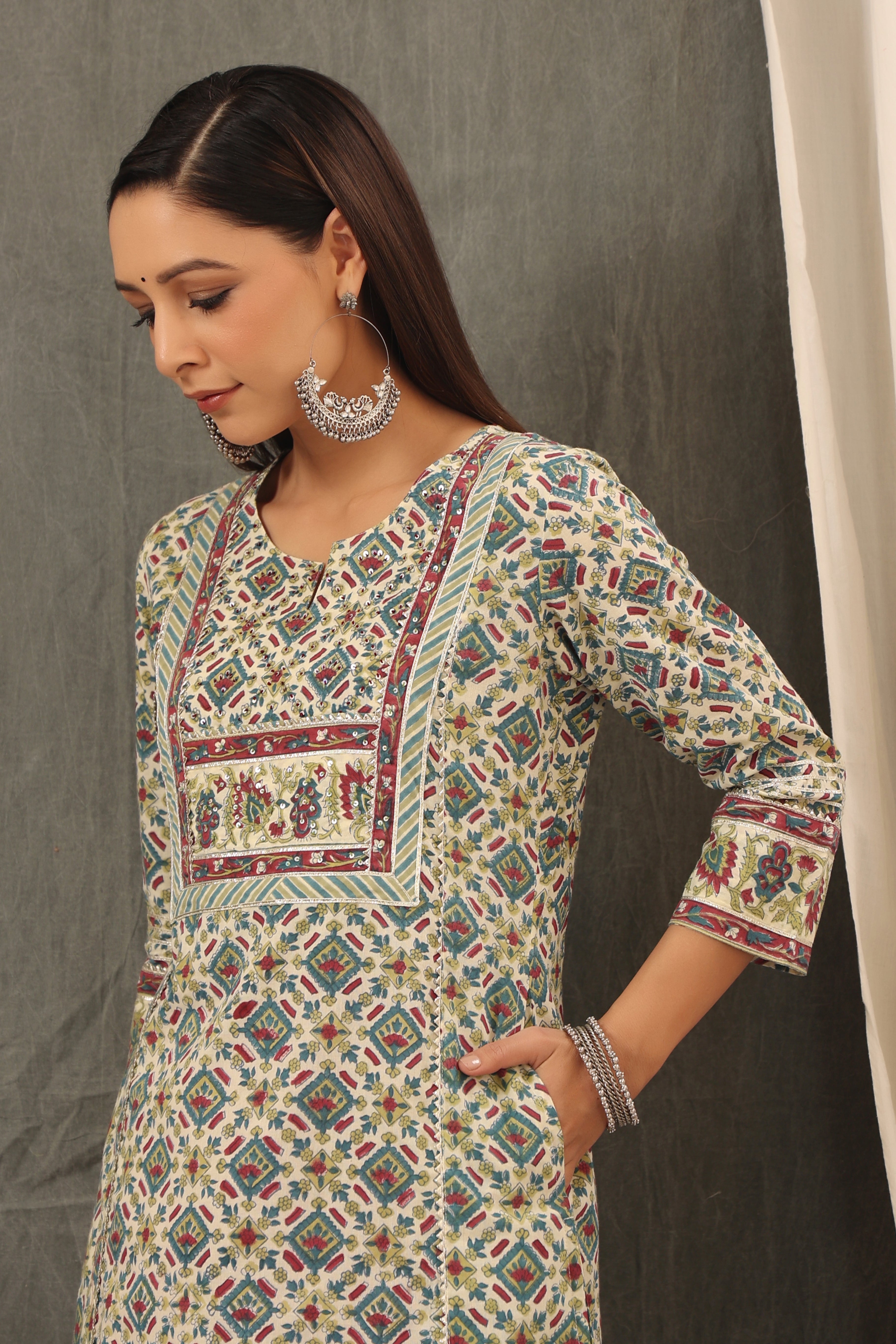 Garnet Red with Teal Green Aline Kurta