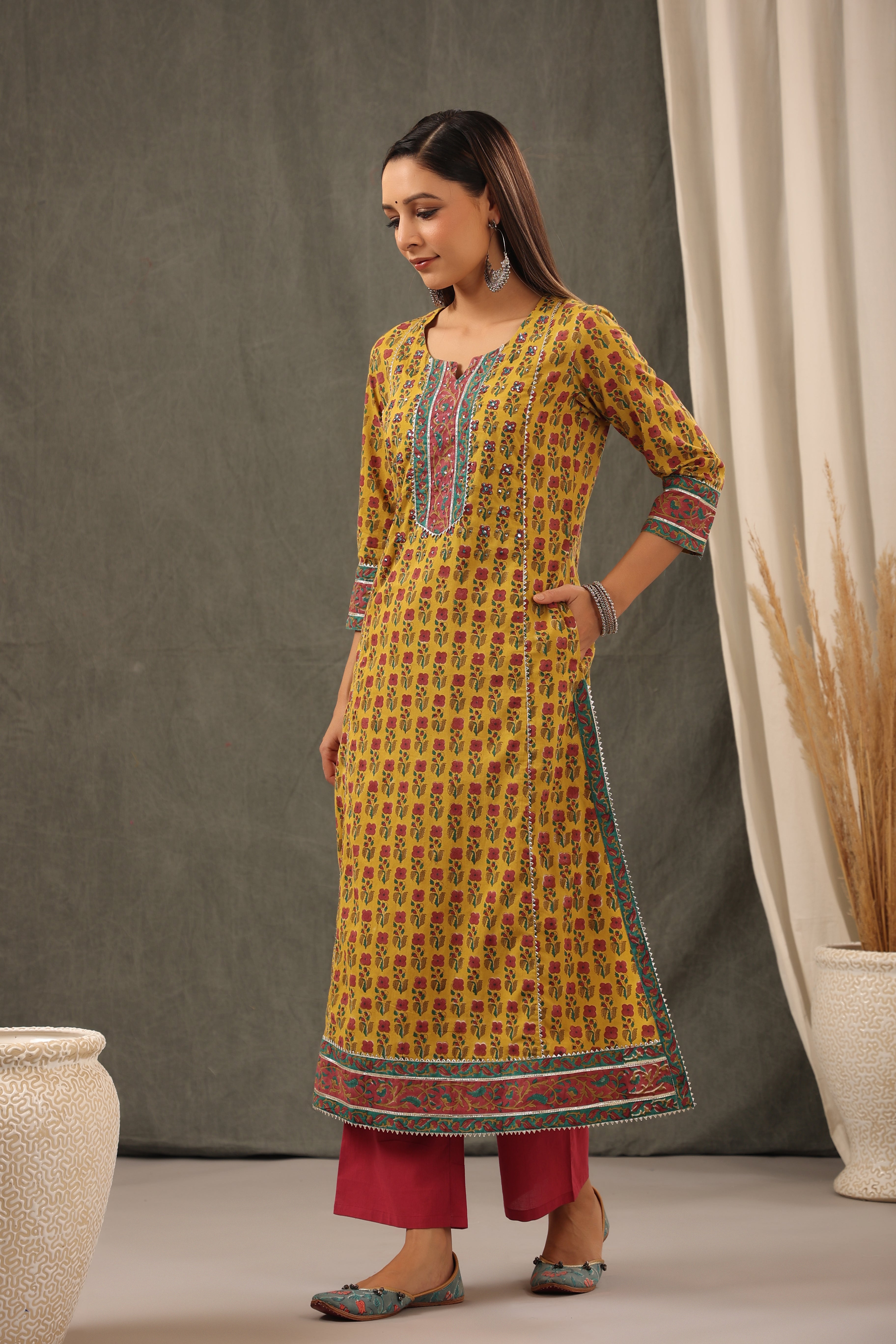 Mustard Cotton kurta Dupatta Set
