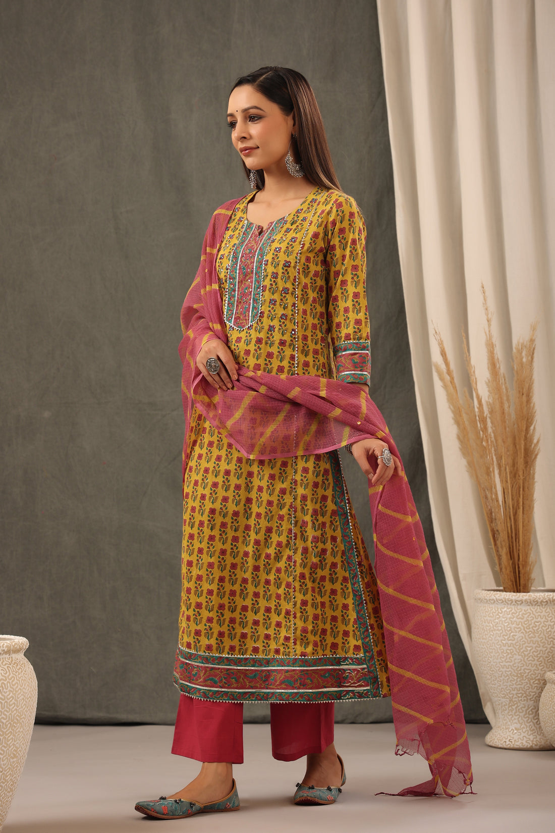Mustard Cotton kurta Dupatta Set