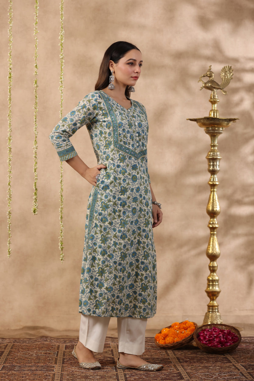 Shuddhi green and blue Semi Aline Kurta