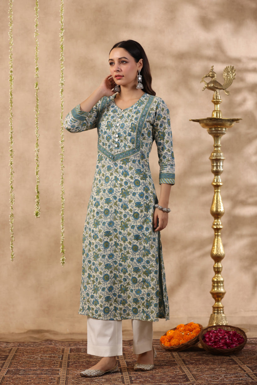 Shuddhi green and blue Semi Aline Kurta