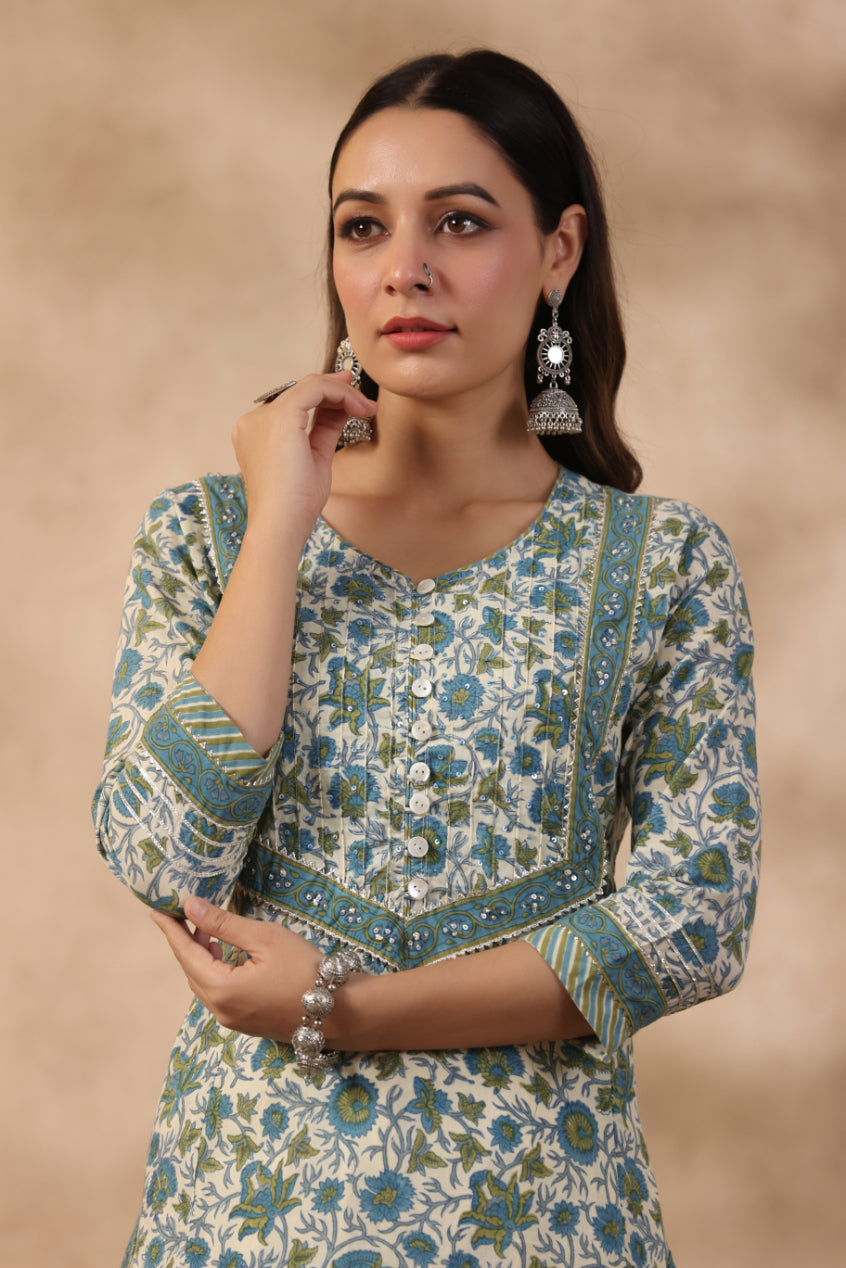 Shuddhi green and blue Semi Aline Kurta