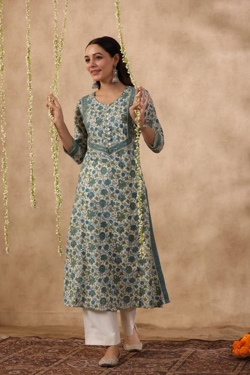 Shuddhi green and blue Semi Aline Kurta