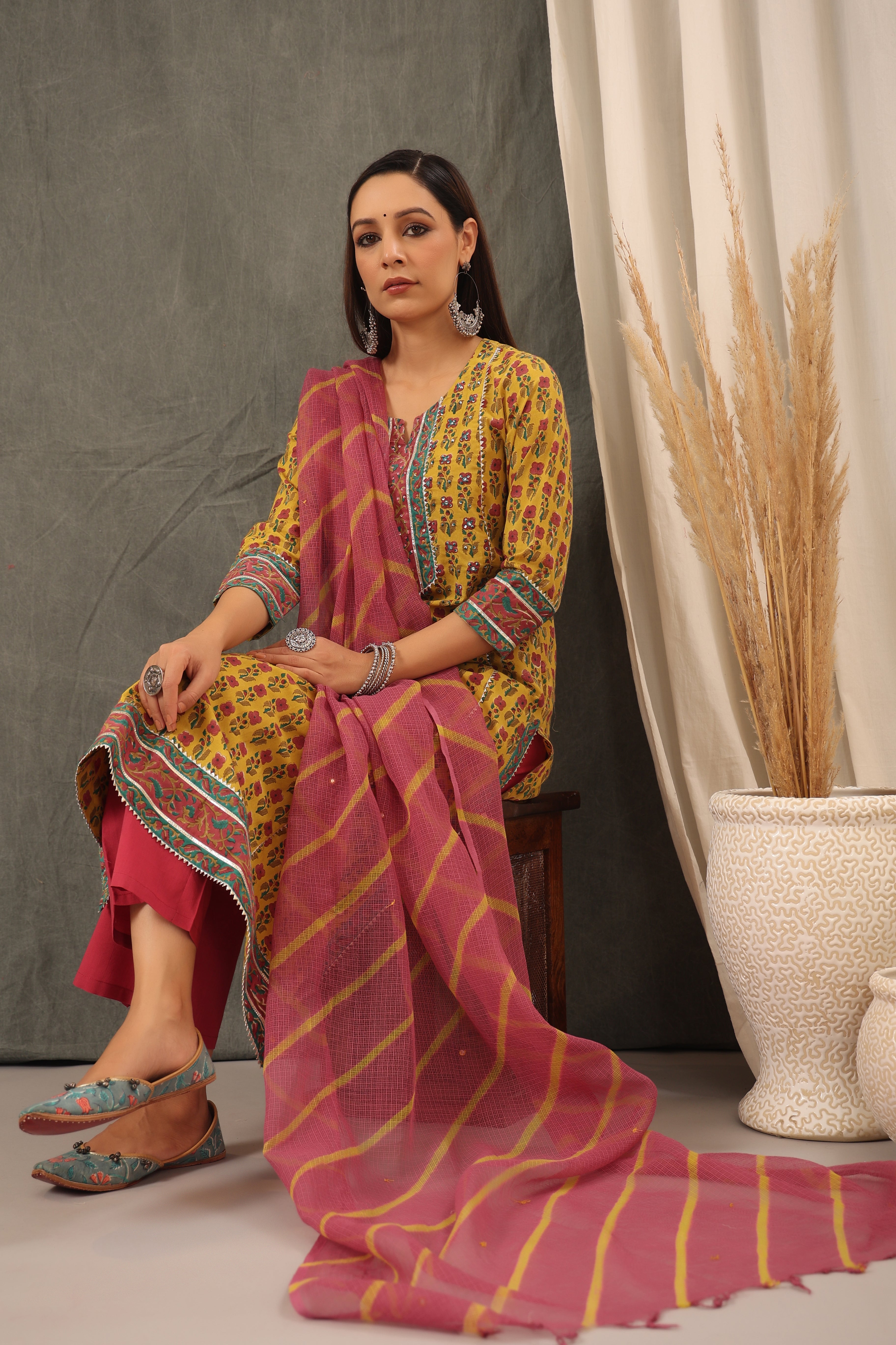 Mustard Cotton kurta Dupatta Set