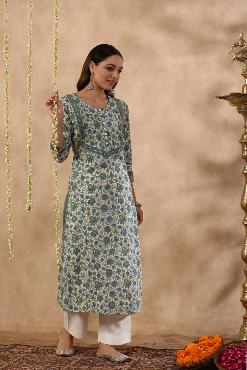 Shuddhi green and blue Semi Aline Kurta