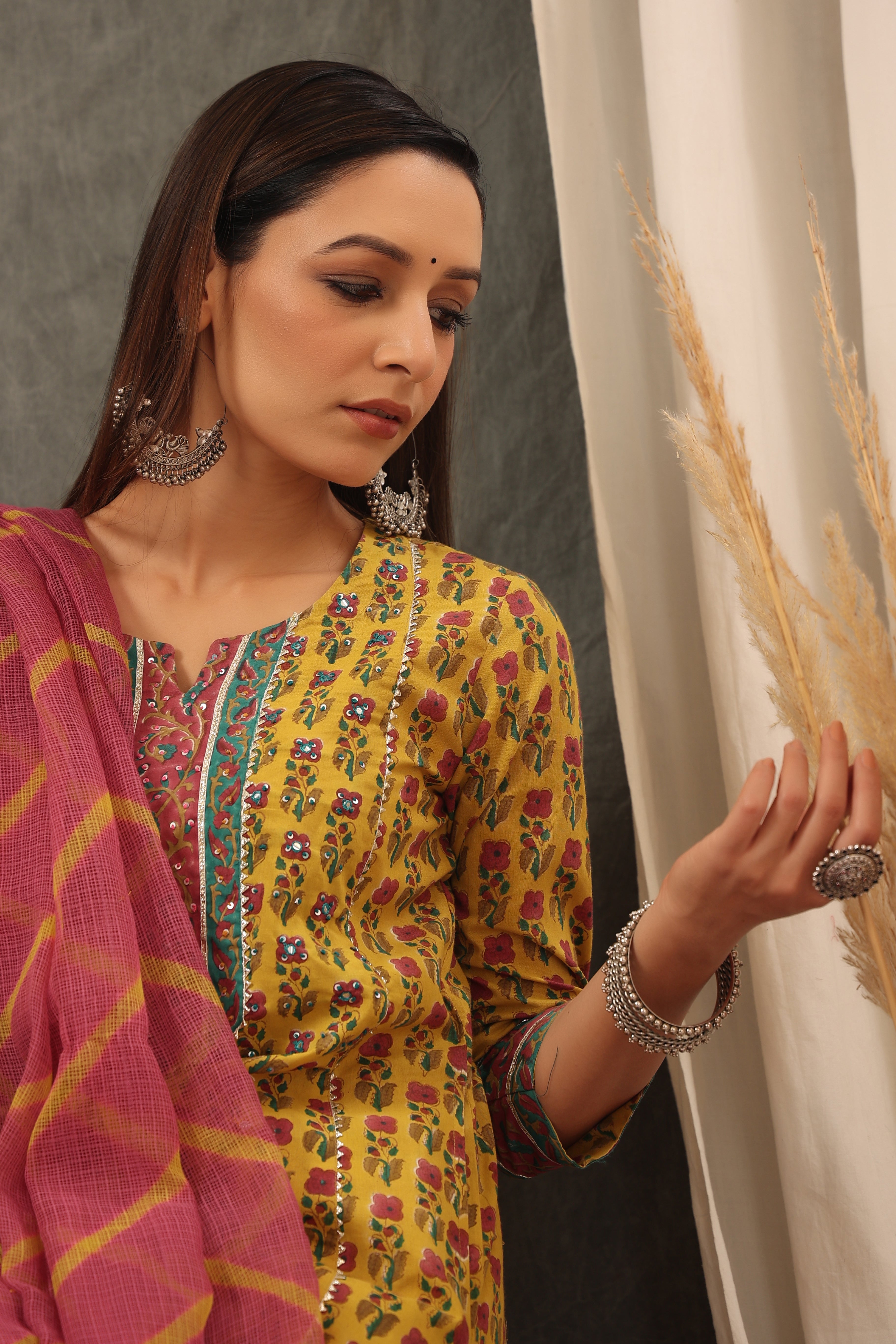 Mustard Cotton kurta Dupatta Set