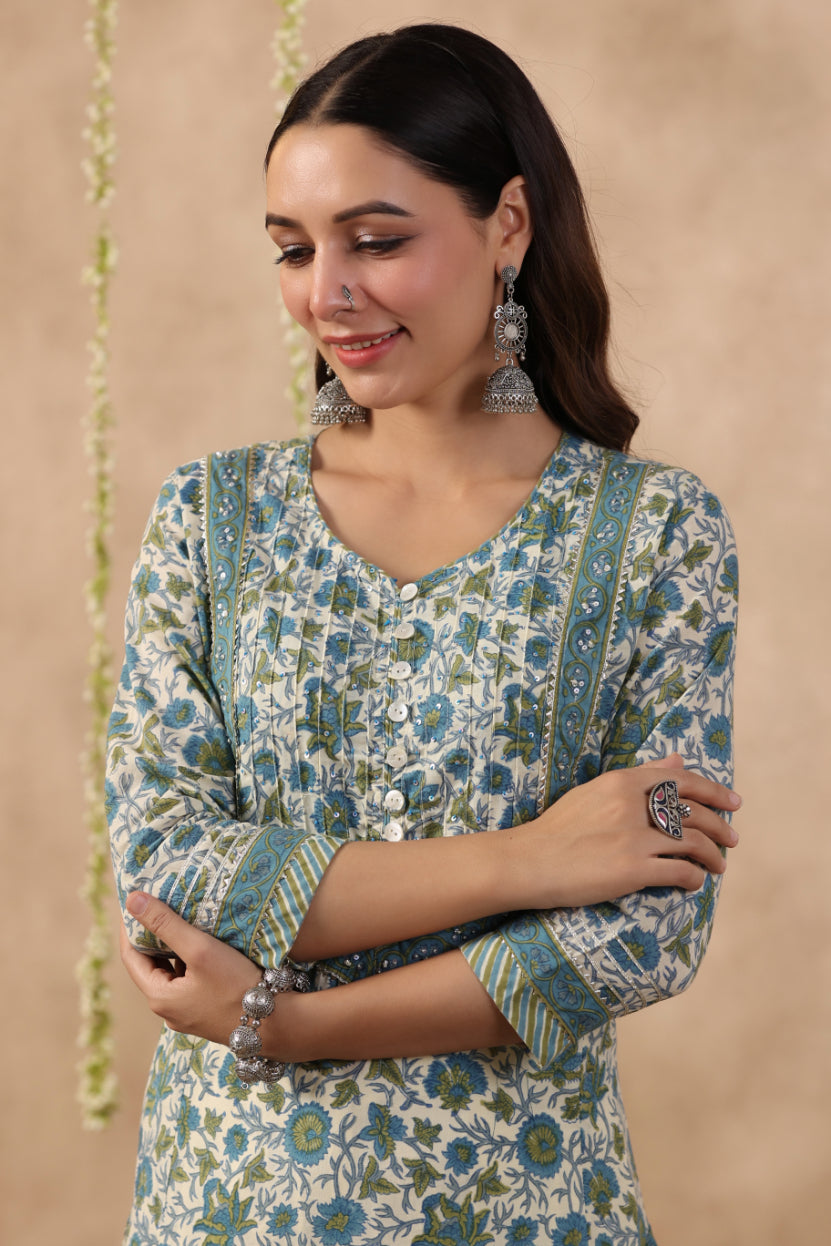 Shuddhi green and blue Semi Aline Kurta