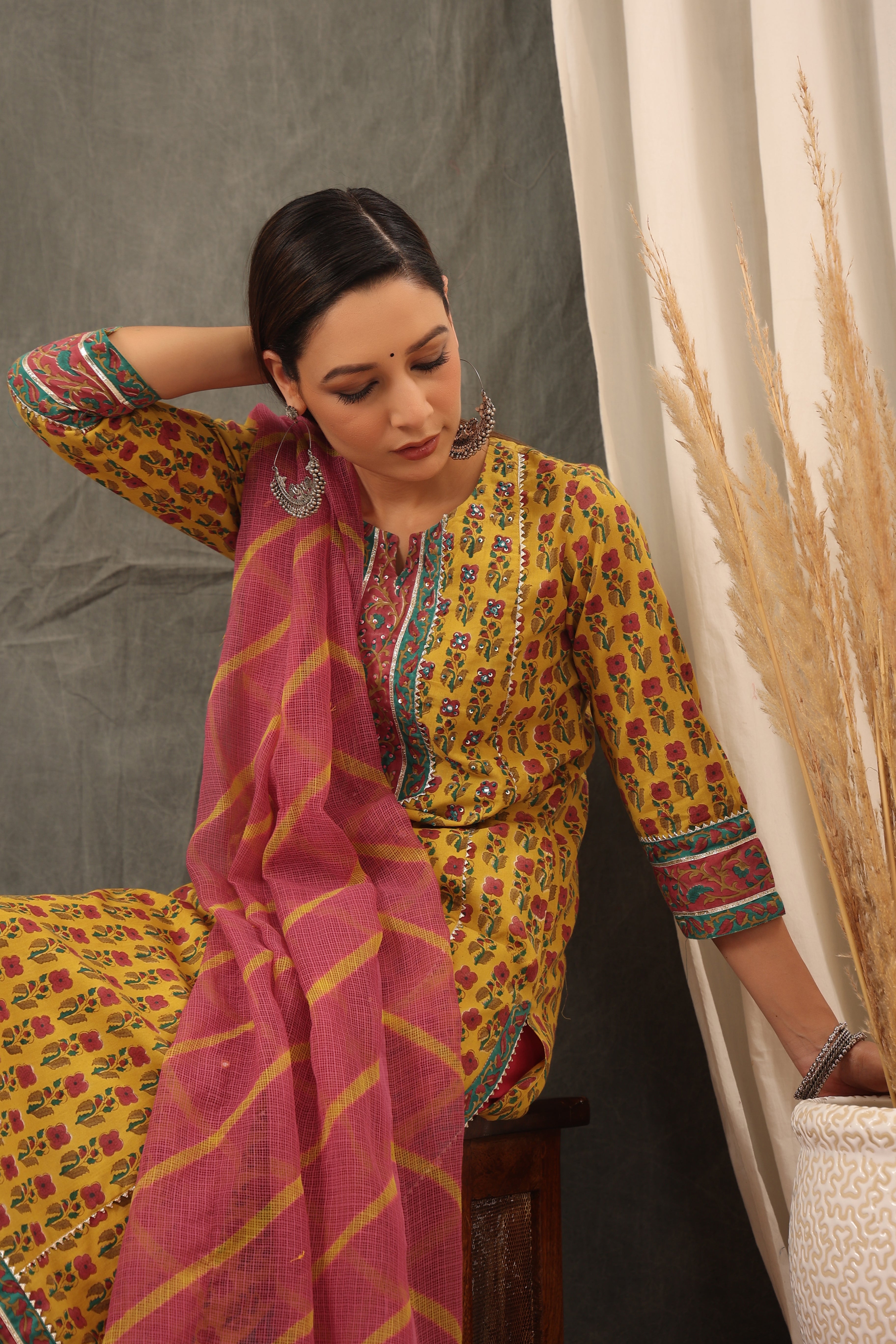 Mustard Cotton kurta Dupatta Set