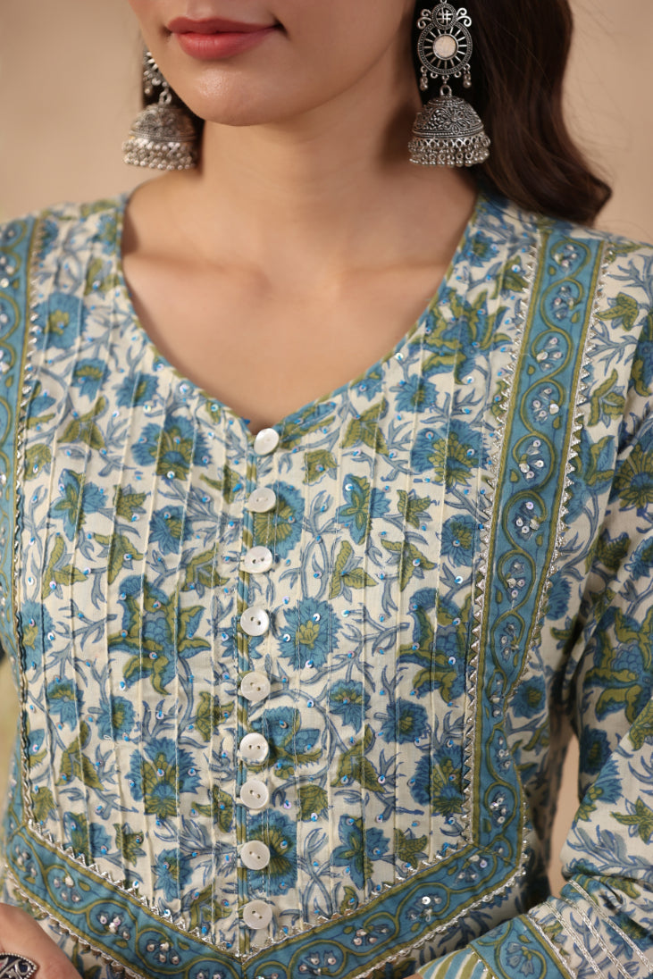 Shuddhi green and blue Semi Aline Kurta
