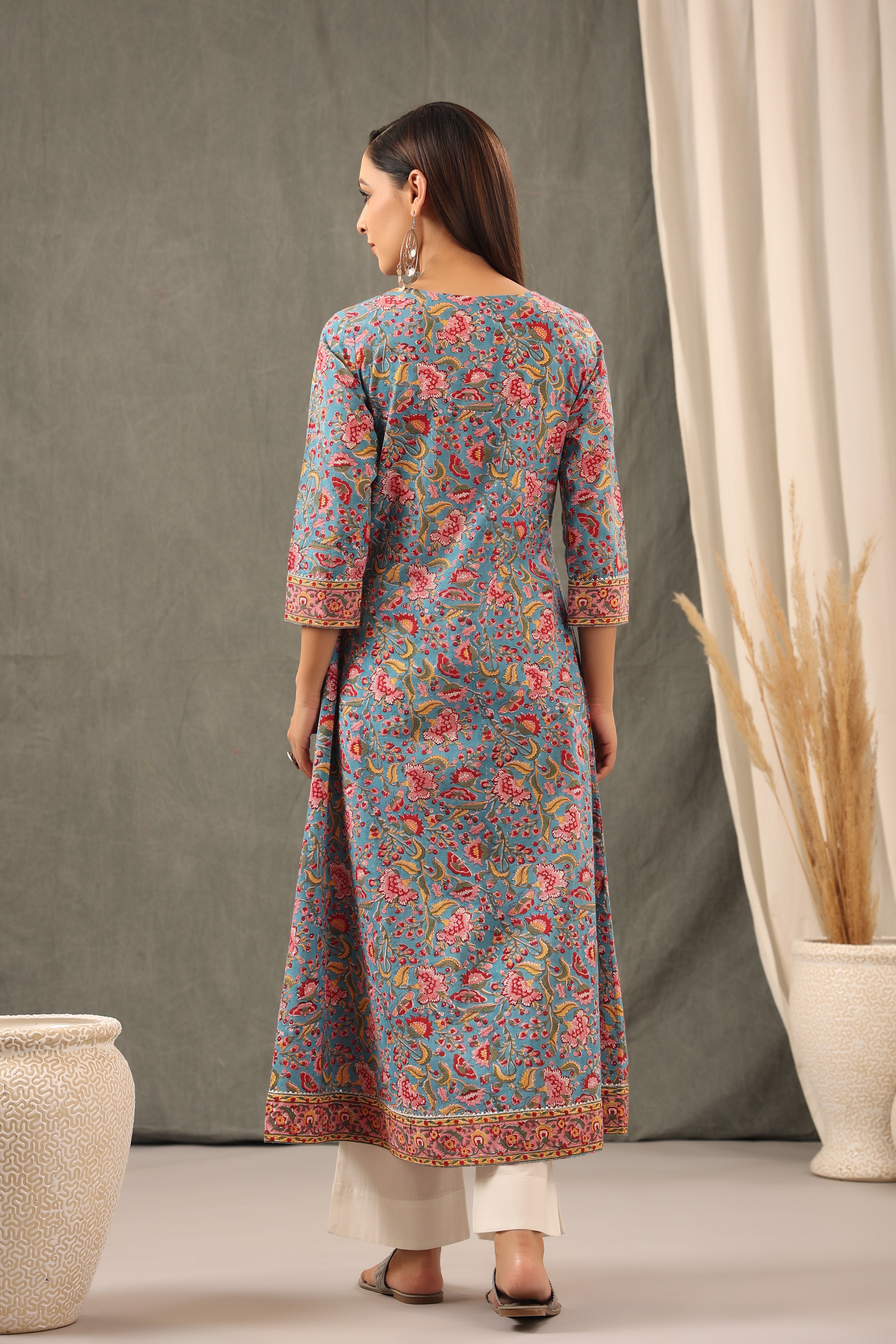 Cyan Blue and Scarlet red Kali Kurta