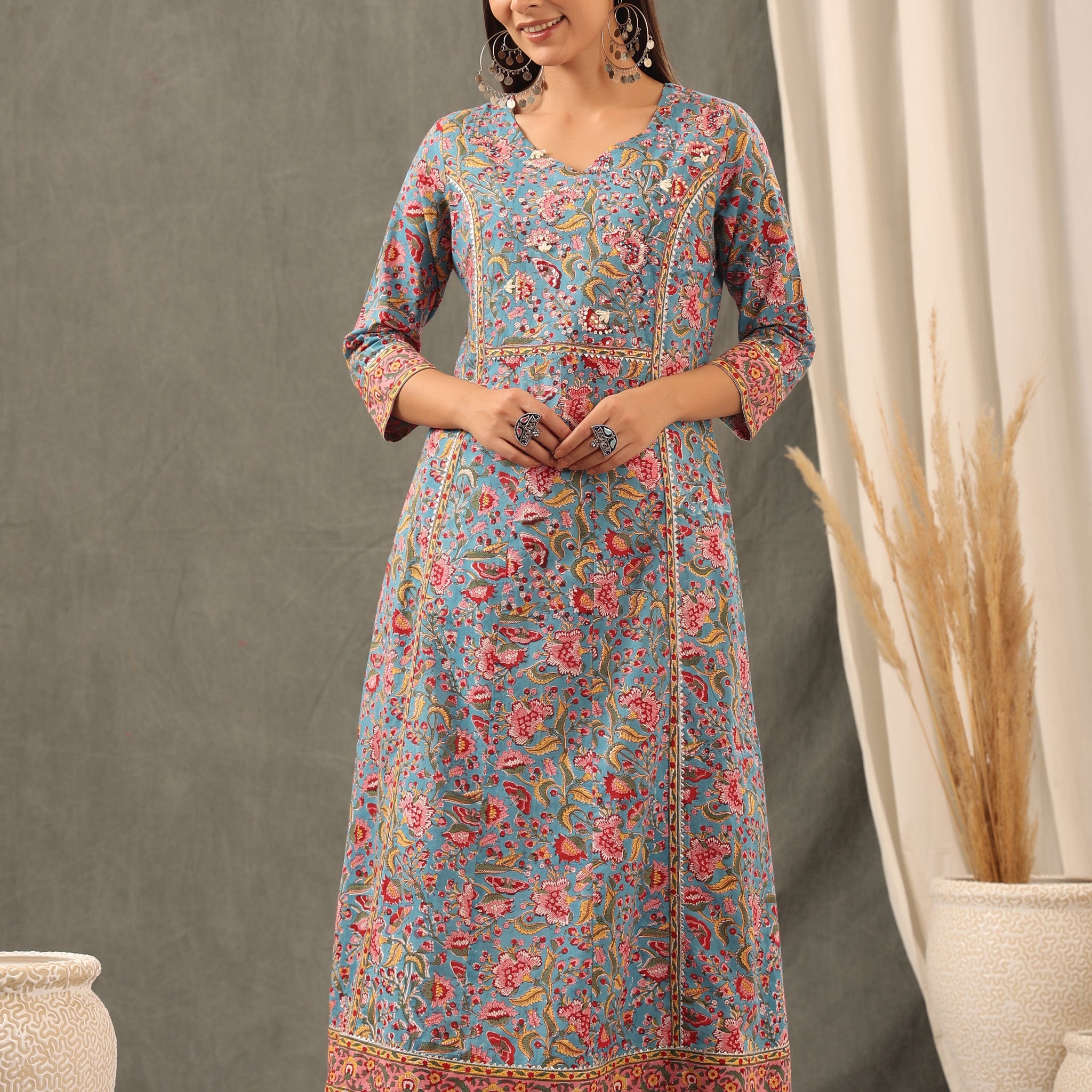 Cyan Blue and Scarlet red Kali Kurta