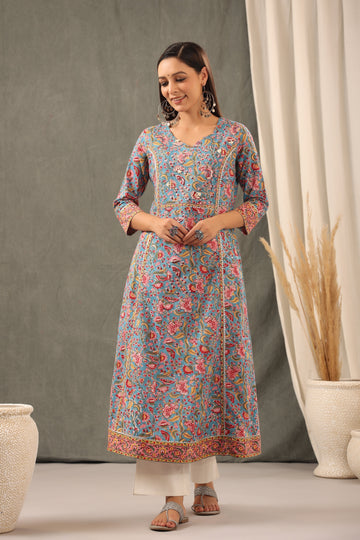 Cyan Blue and Scarlet red Kali Kurta