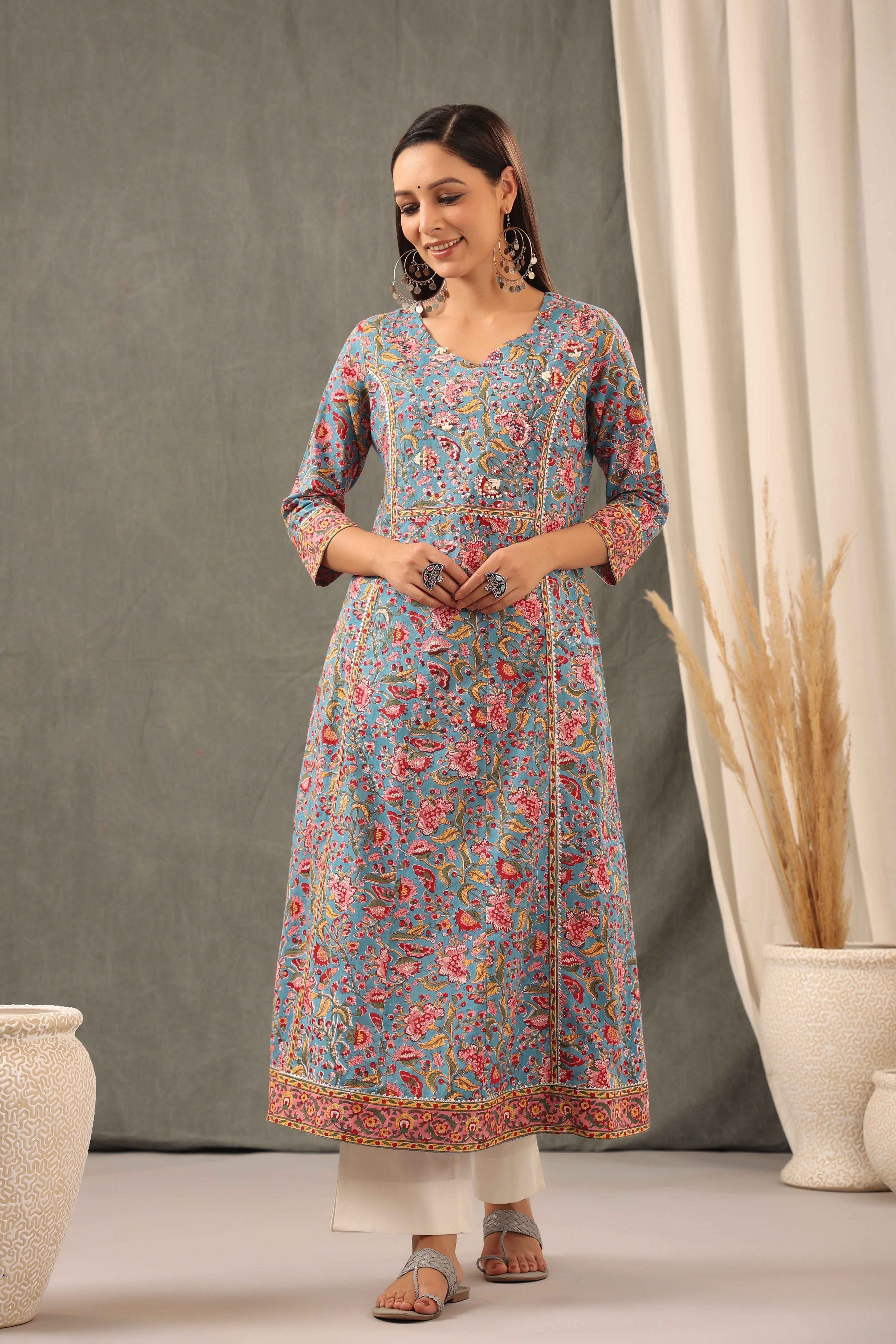 Cyan Blue and Scarlet red Kali Kurta