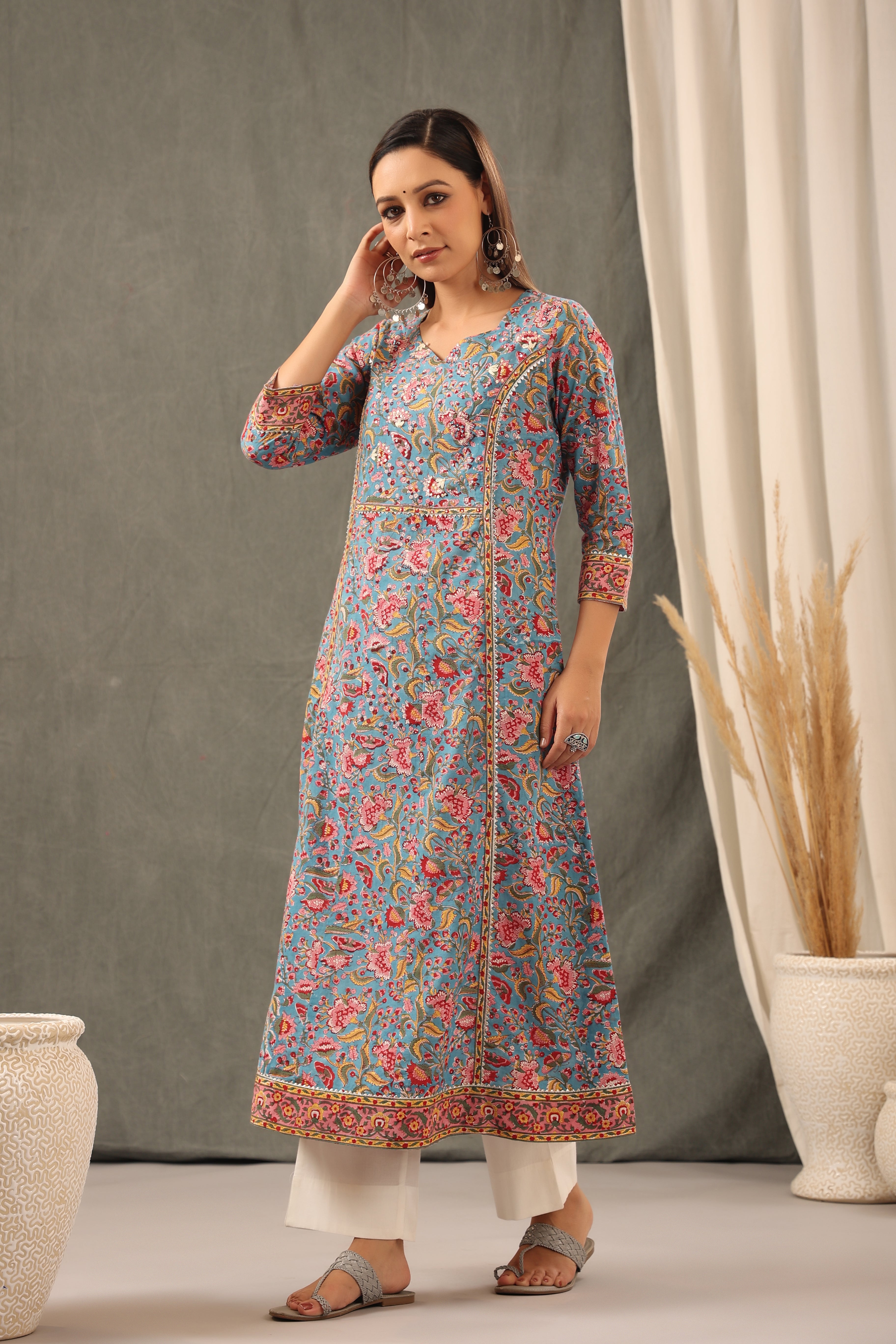 Cyan Blue and Scarlet red Kali Kurta