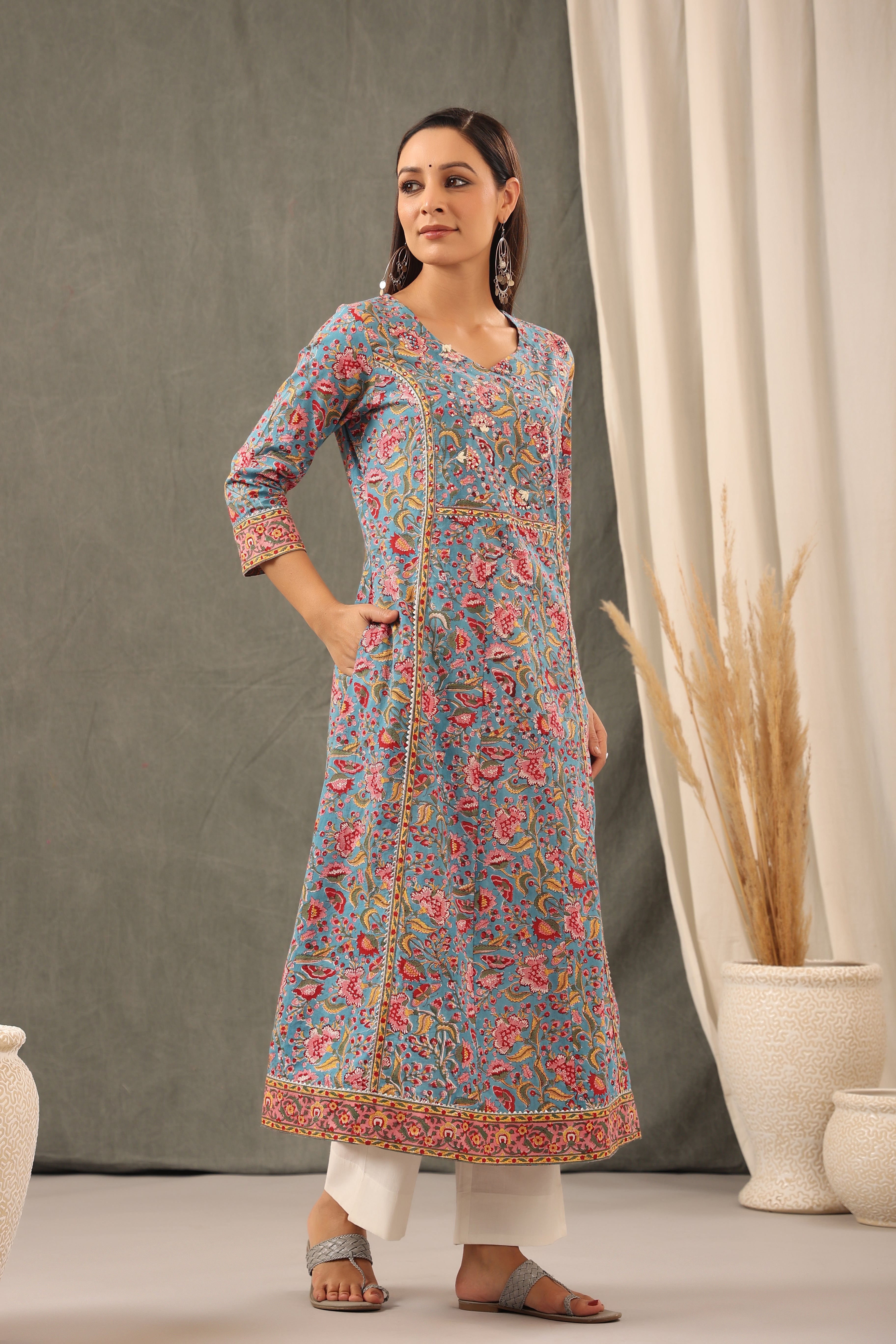 Cyan Blue and Scarlet red Kali Kurta