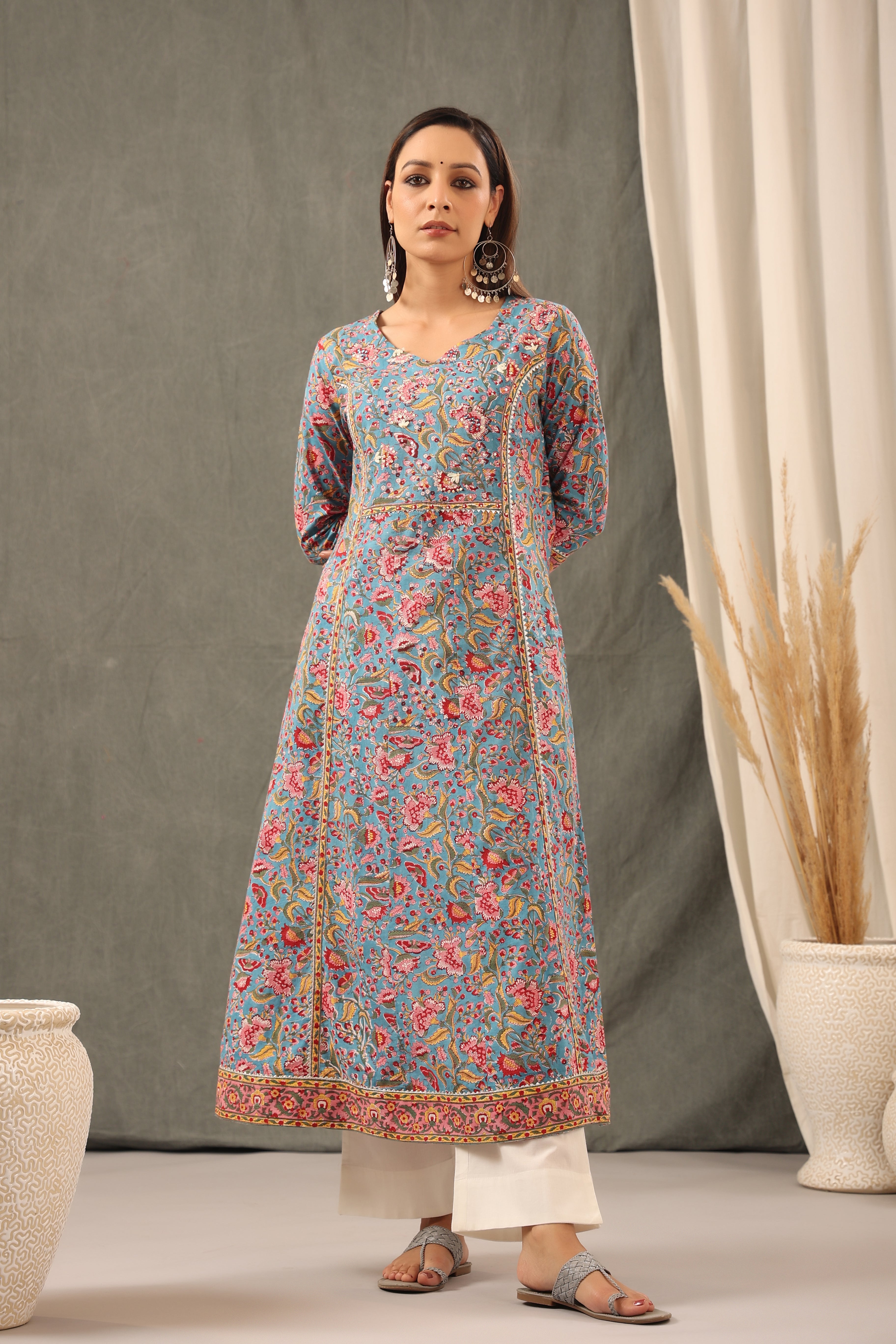 Cyan Blue and Scarlet red Kali Kurta