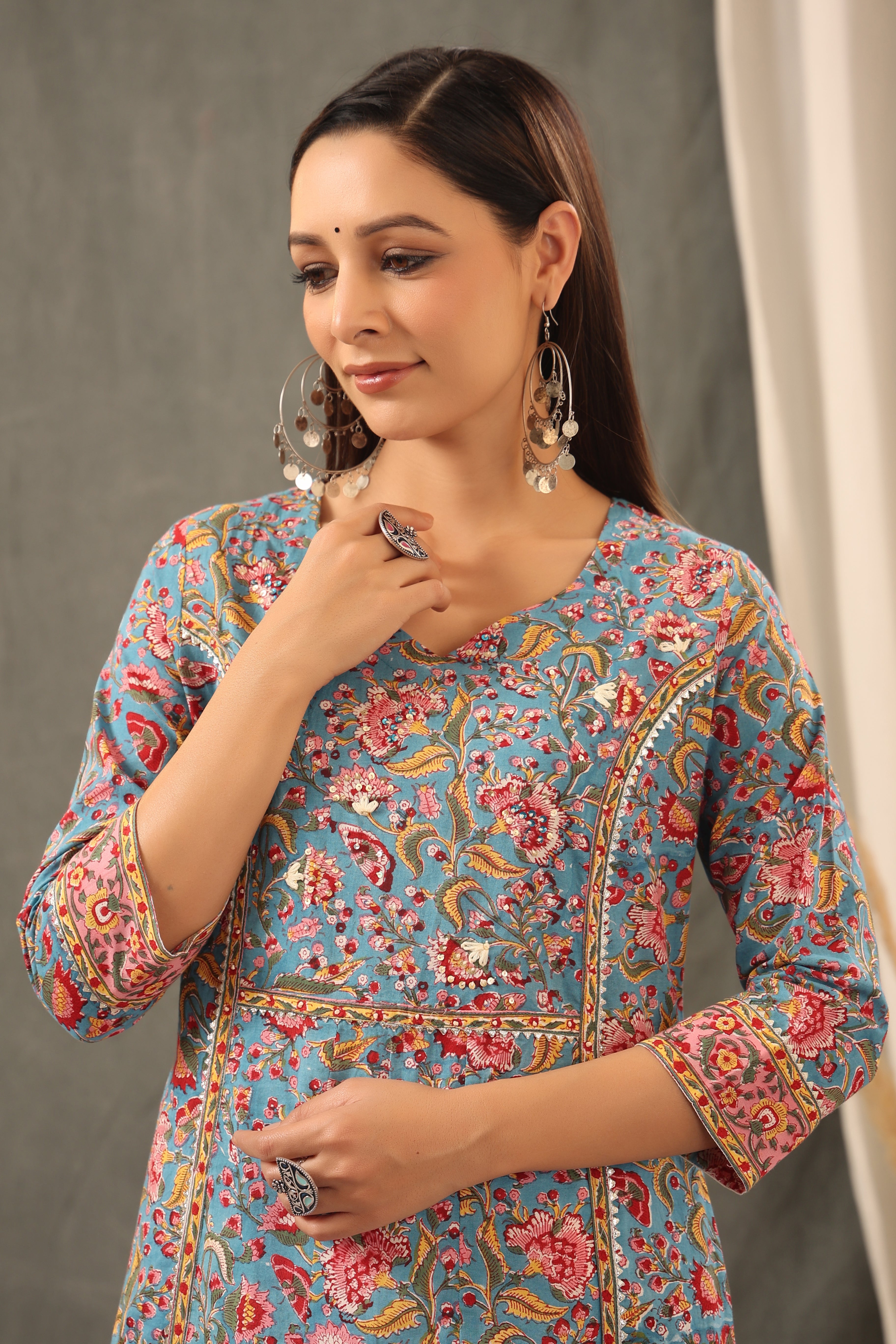 Cyan Blue and Scarlet red Kali Kurta