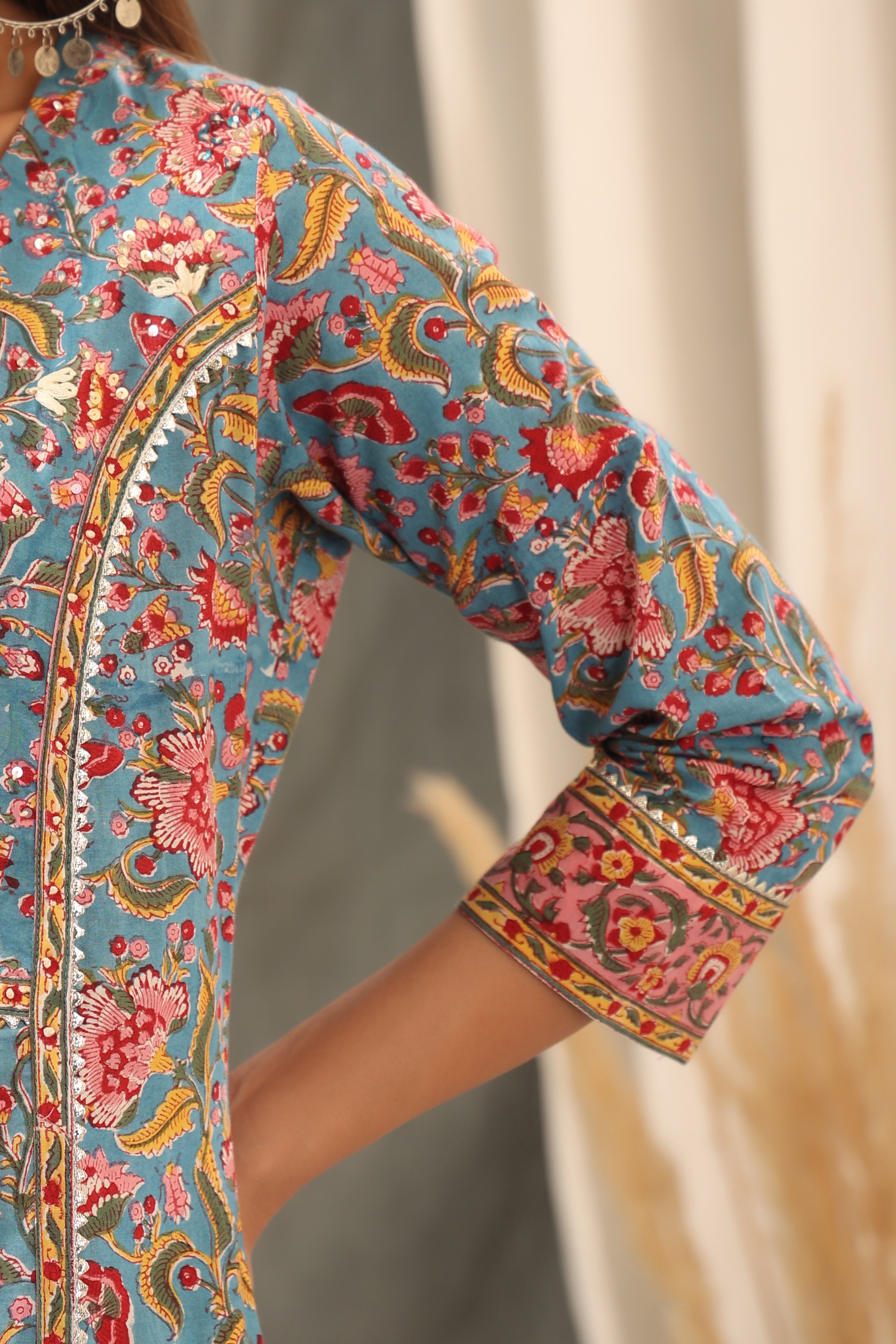 Cyan Blue and Scarlet red Kali Kurta