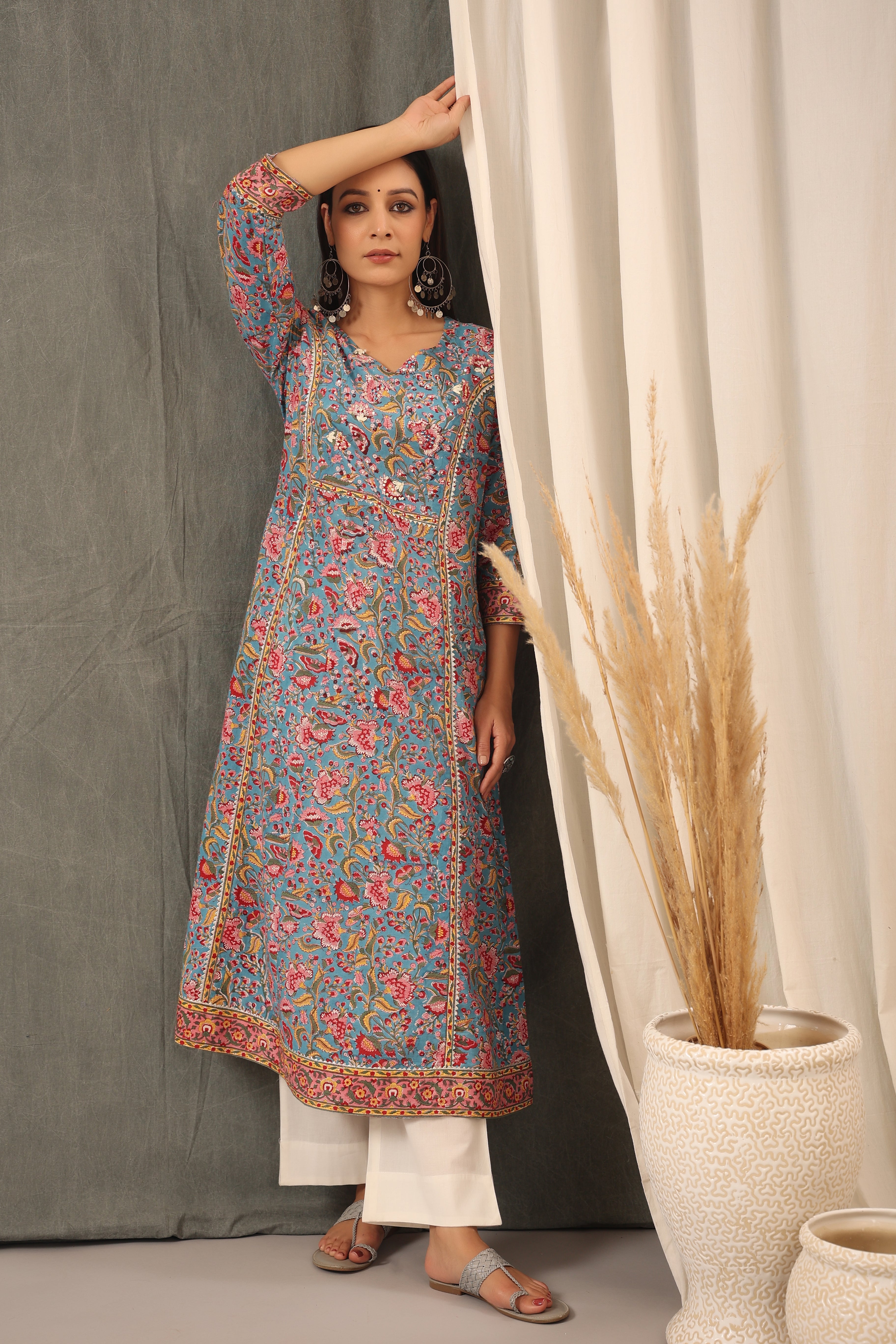 Cyan Blue and Scarlet red Kali Kurta