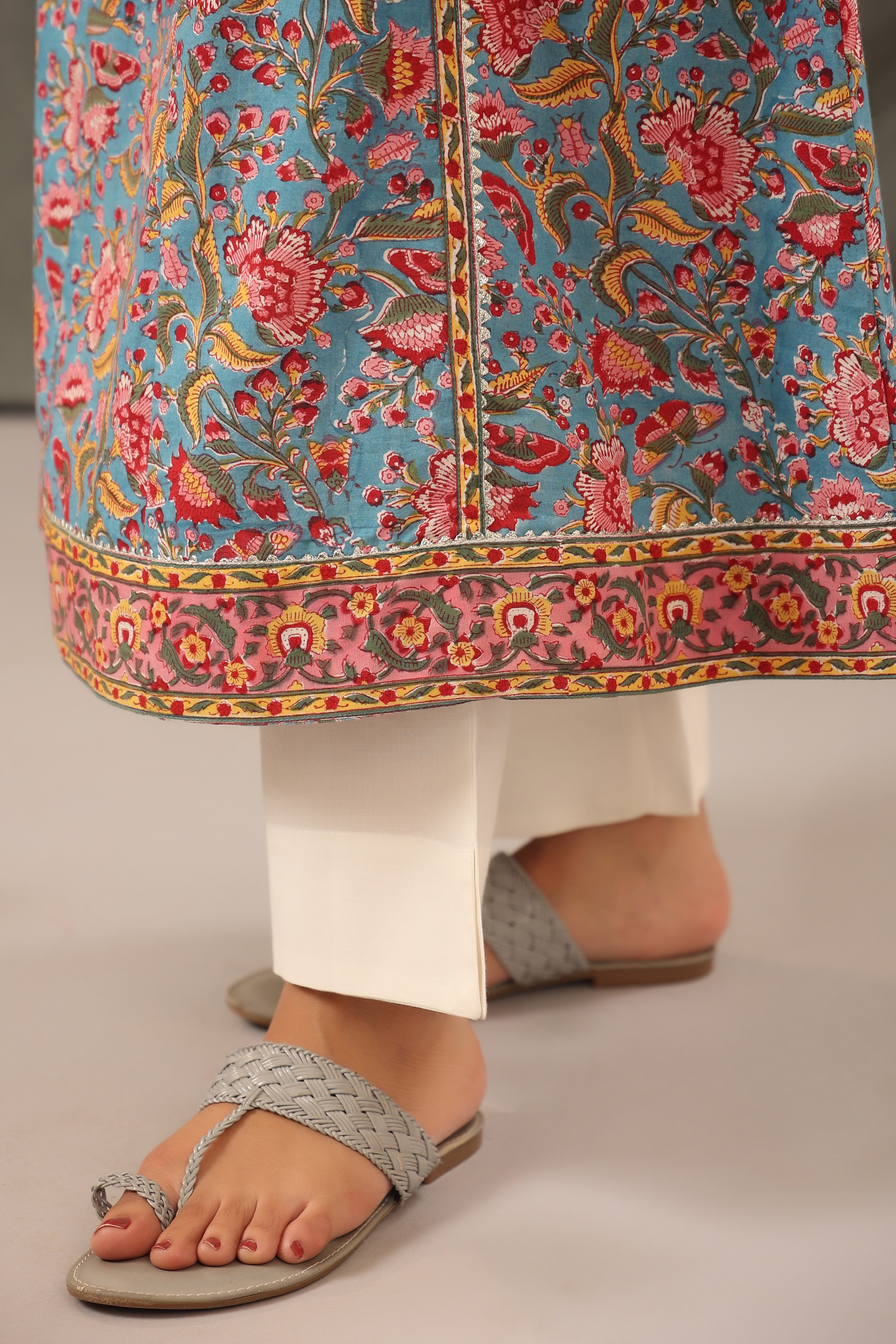 Cyan Blue and Scarlet red Kali Kurta