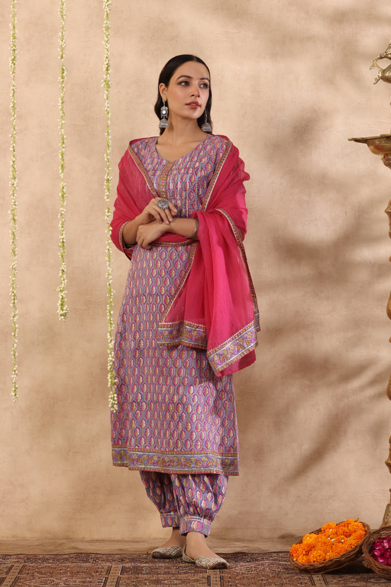 Shuddhi purple and red 3 piece kurta set