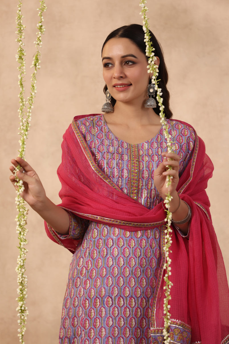 Shuddhi purple and red 3 piece kurta set