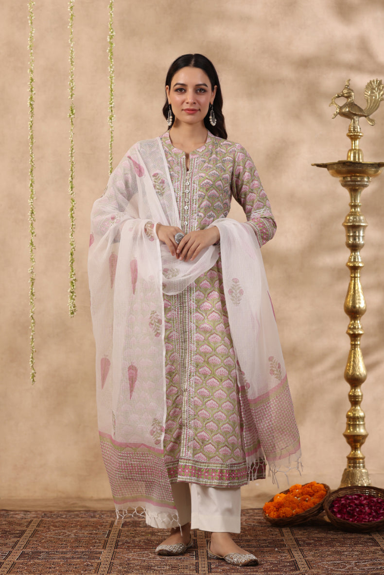 Shuddhi green and pink 2 piece kurta set