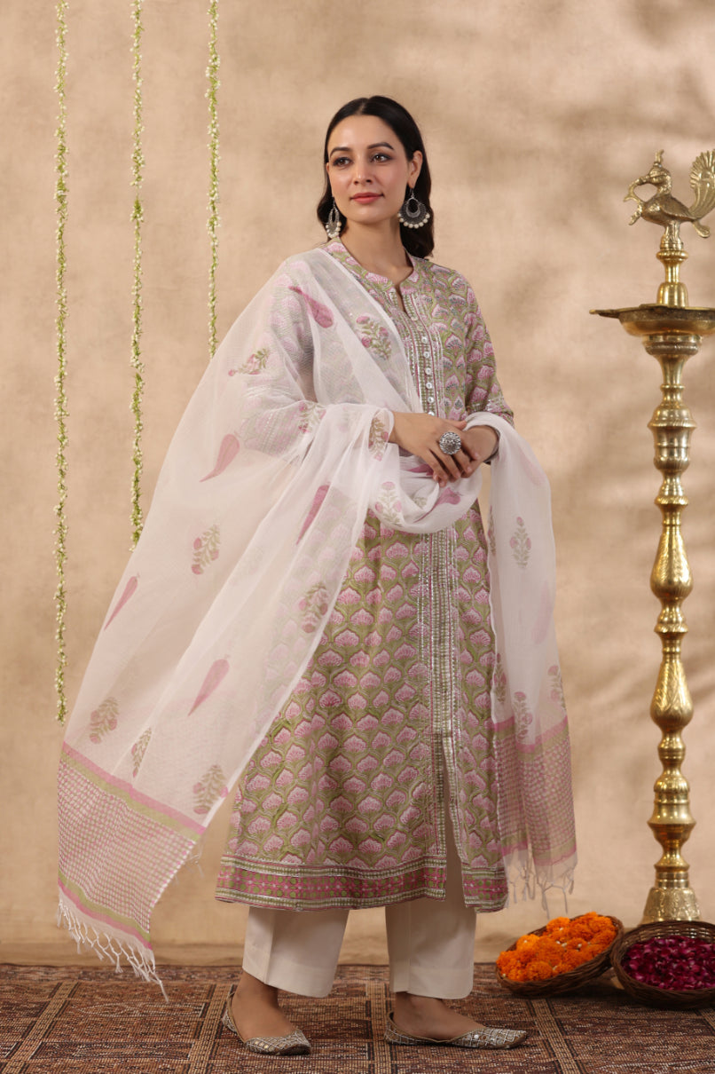 Shuddhi green and pink 2 piece kurta set