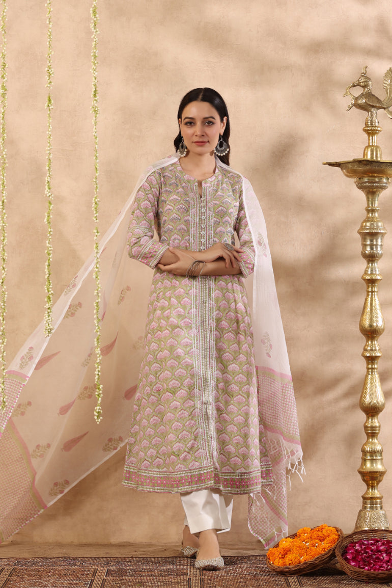Shuddhi green and pink 2 piece kurta set