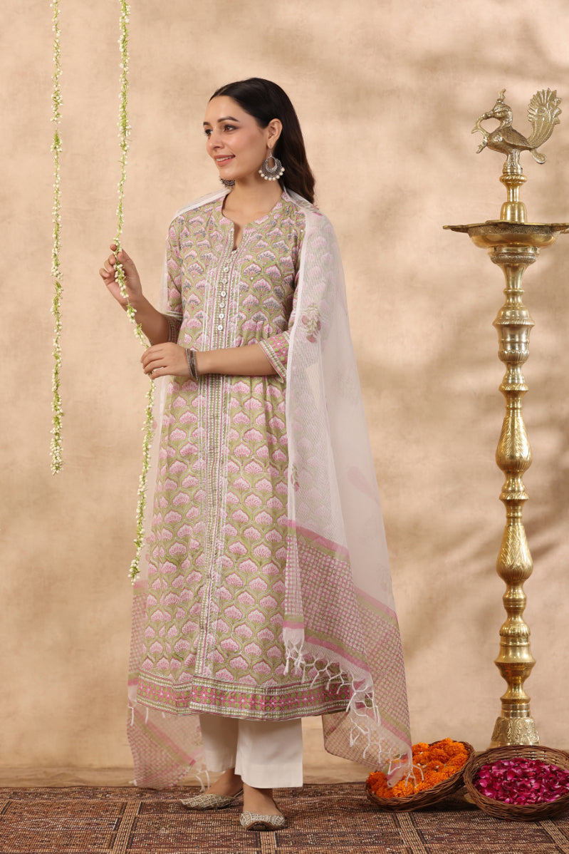 Shuddhi green and pink 2 piece kurta set