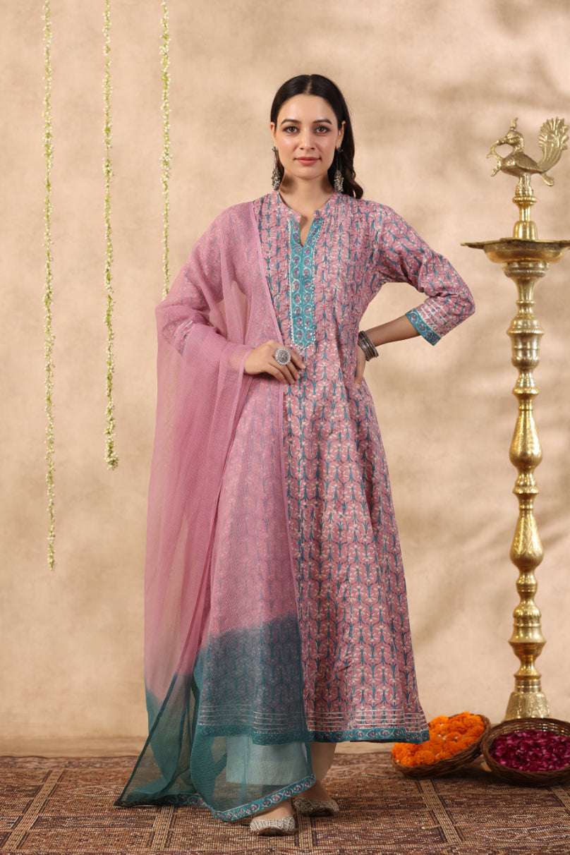 Shuddhi purple and teal green piece kurta and duppatta set