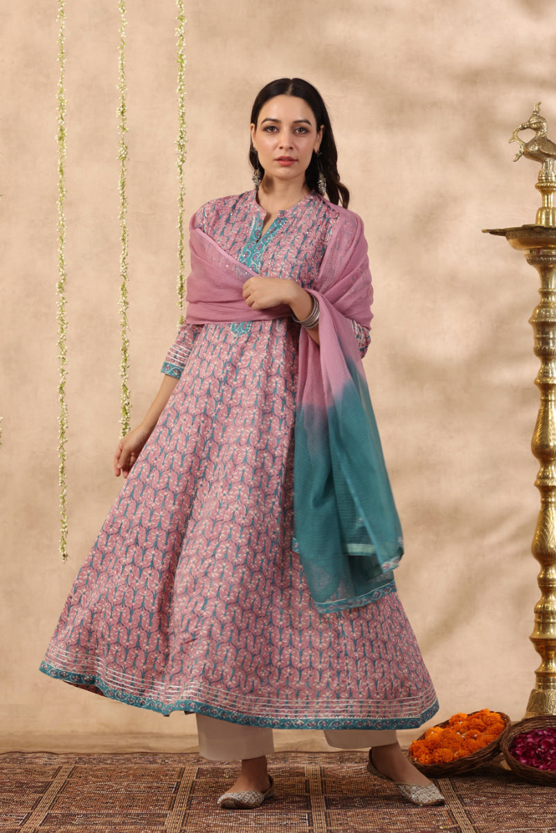Shuddhi purple and teal green piece kurta and duppatta set