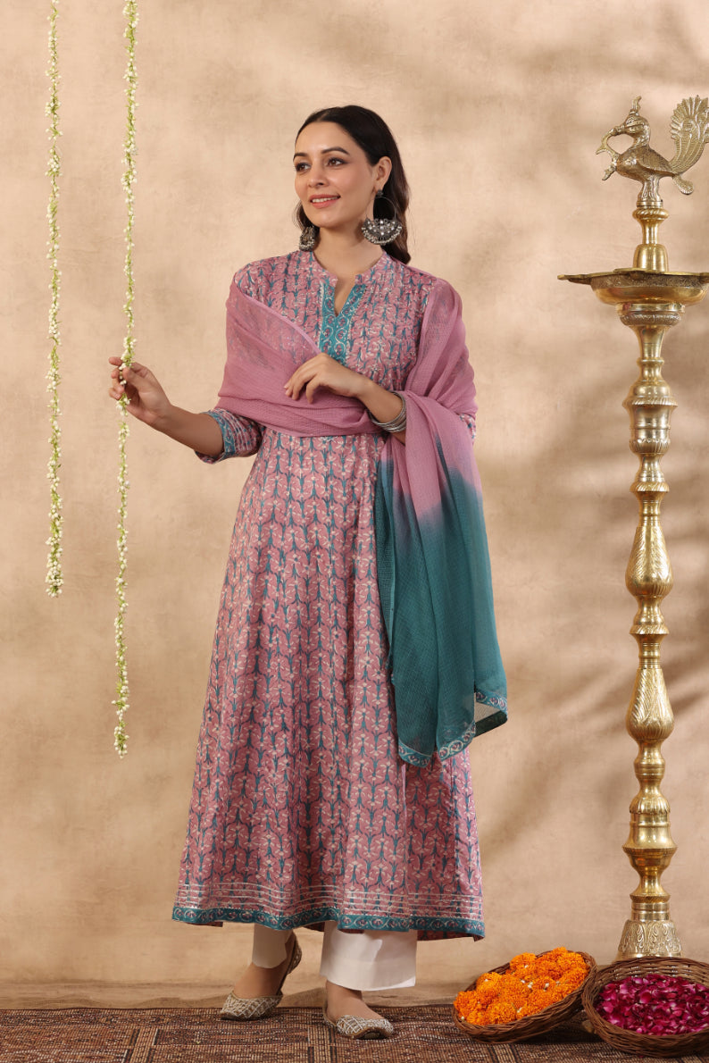 Shuddhi purple and teal green piece kurta and duppatta set