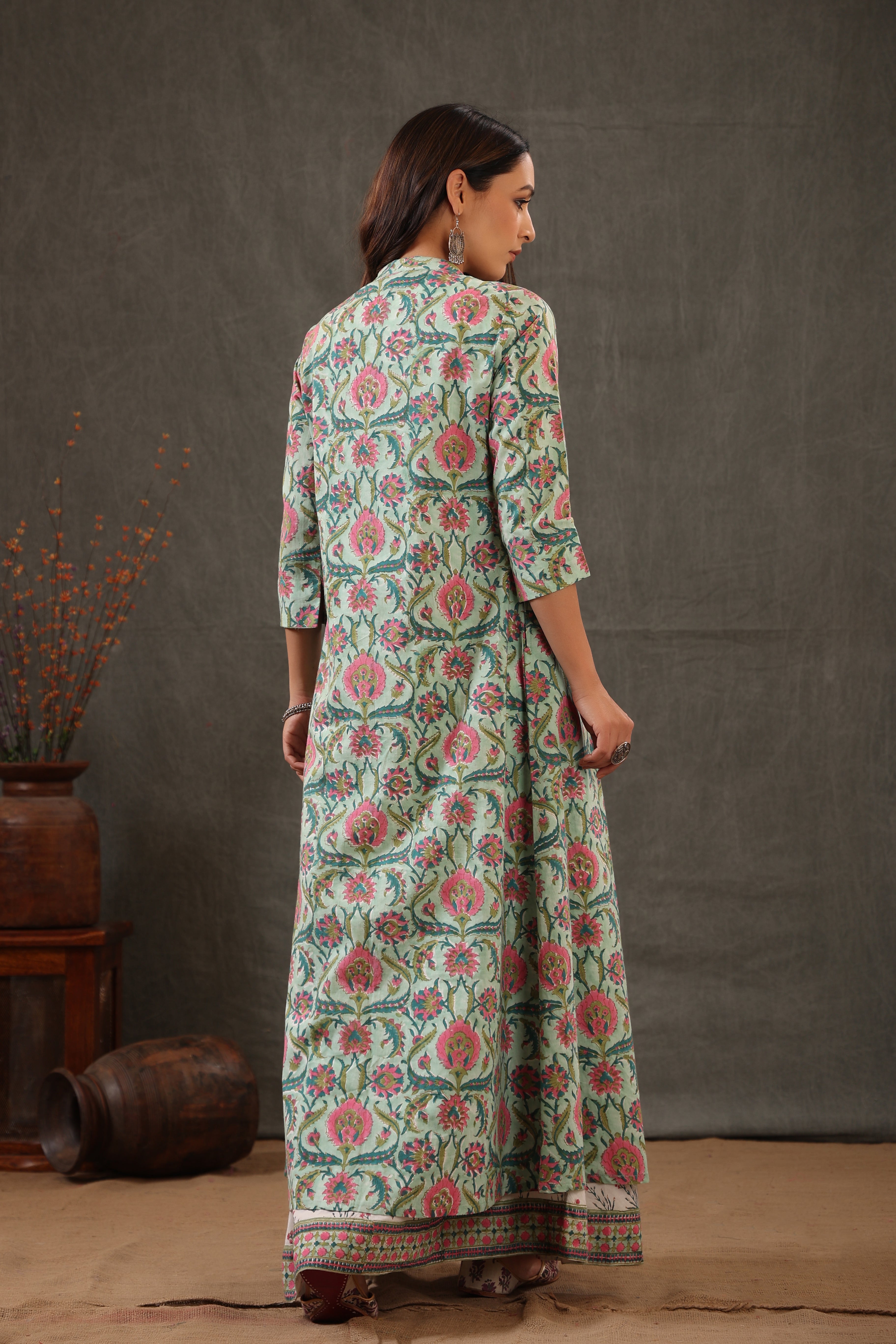 Mint green block printed double layered dress