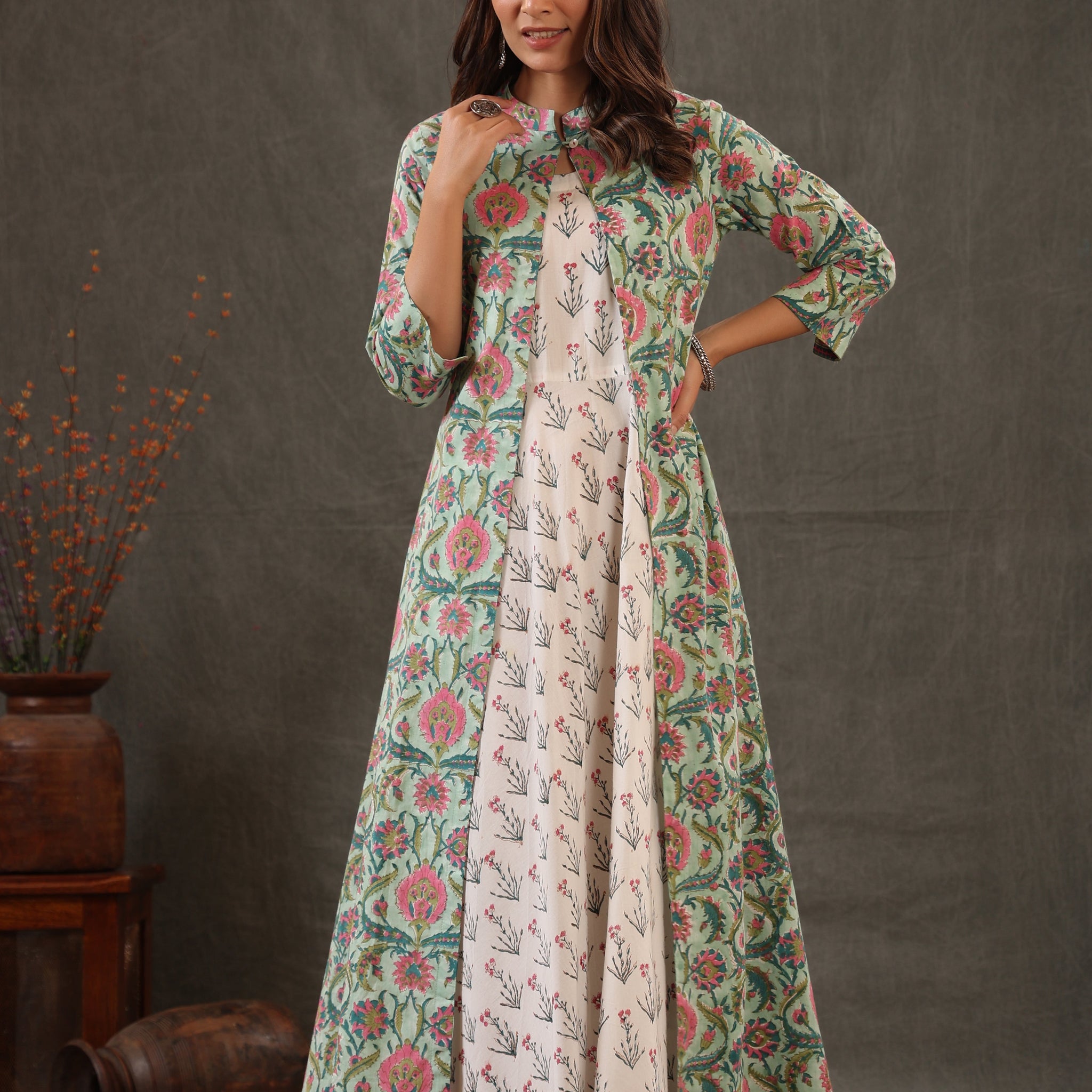 Mint green block printed double layered dress
