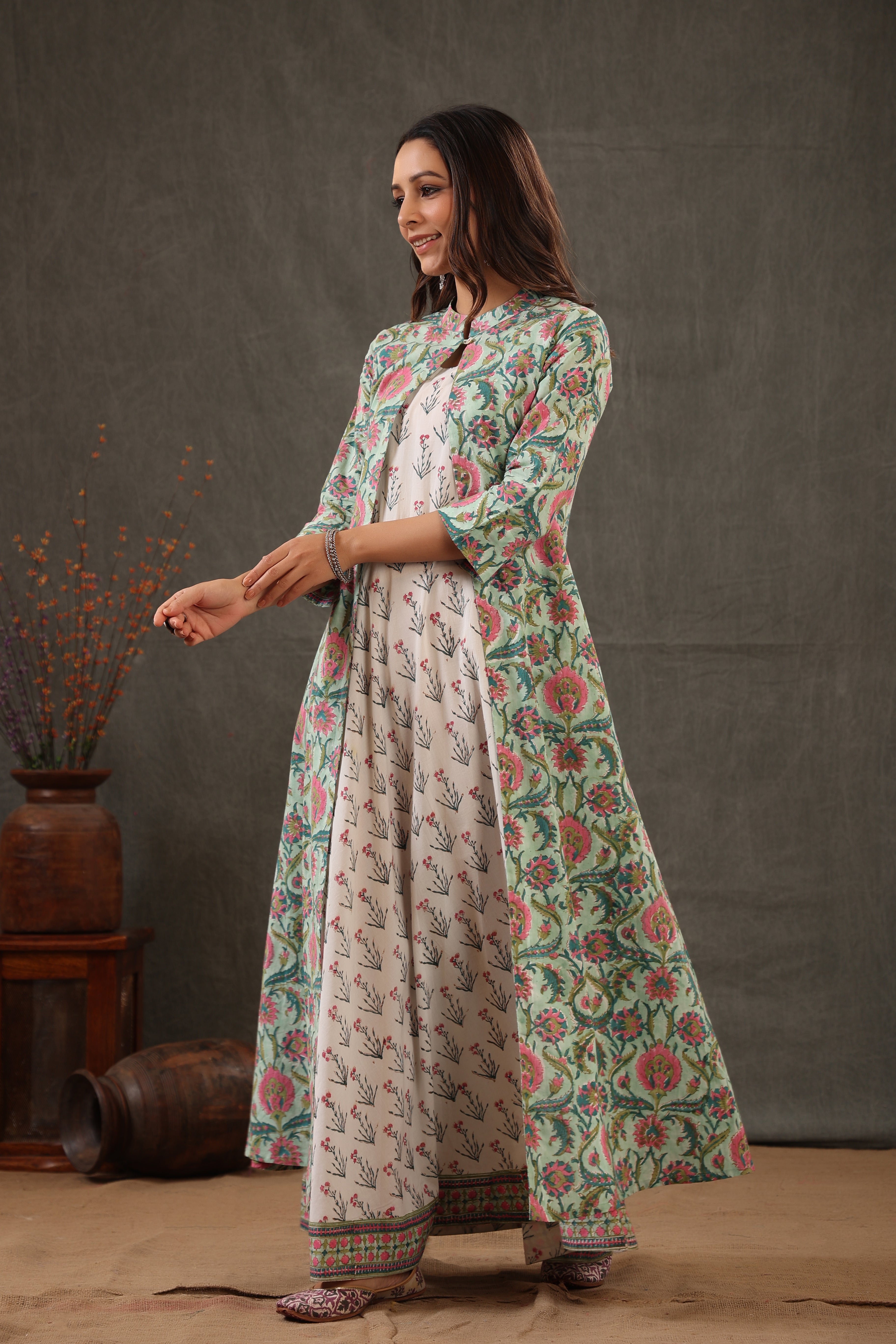 Mint green block printed double layered dress