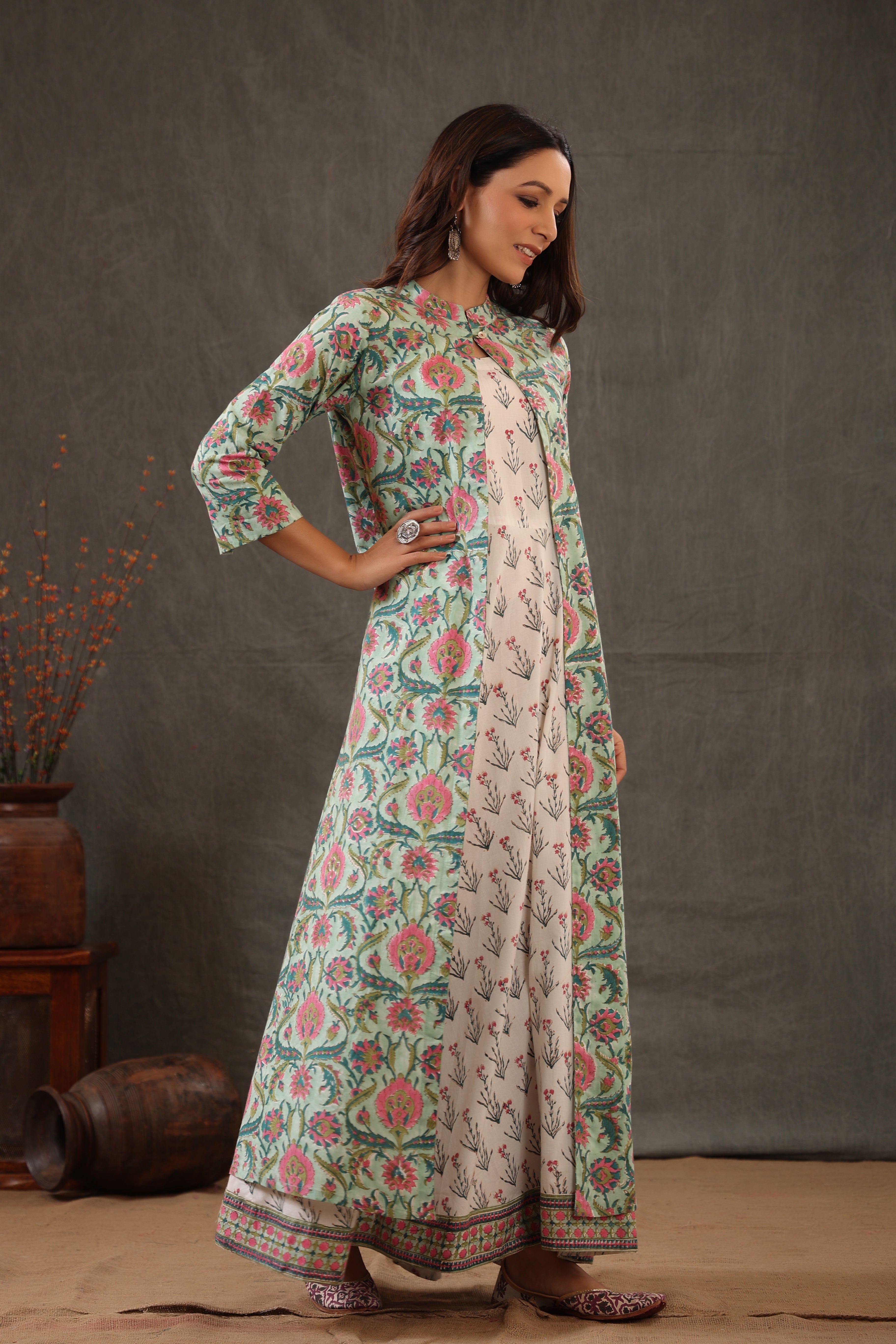 Mint green block printed double layered dress