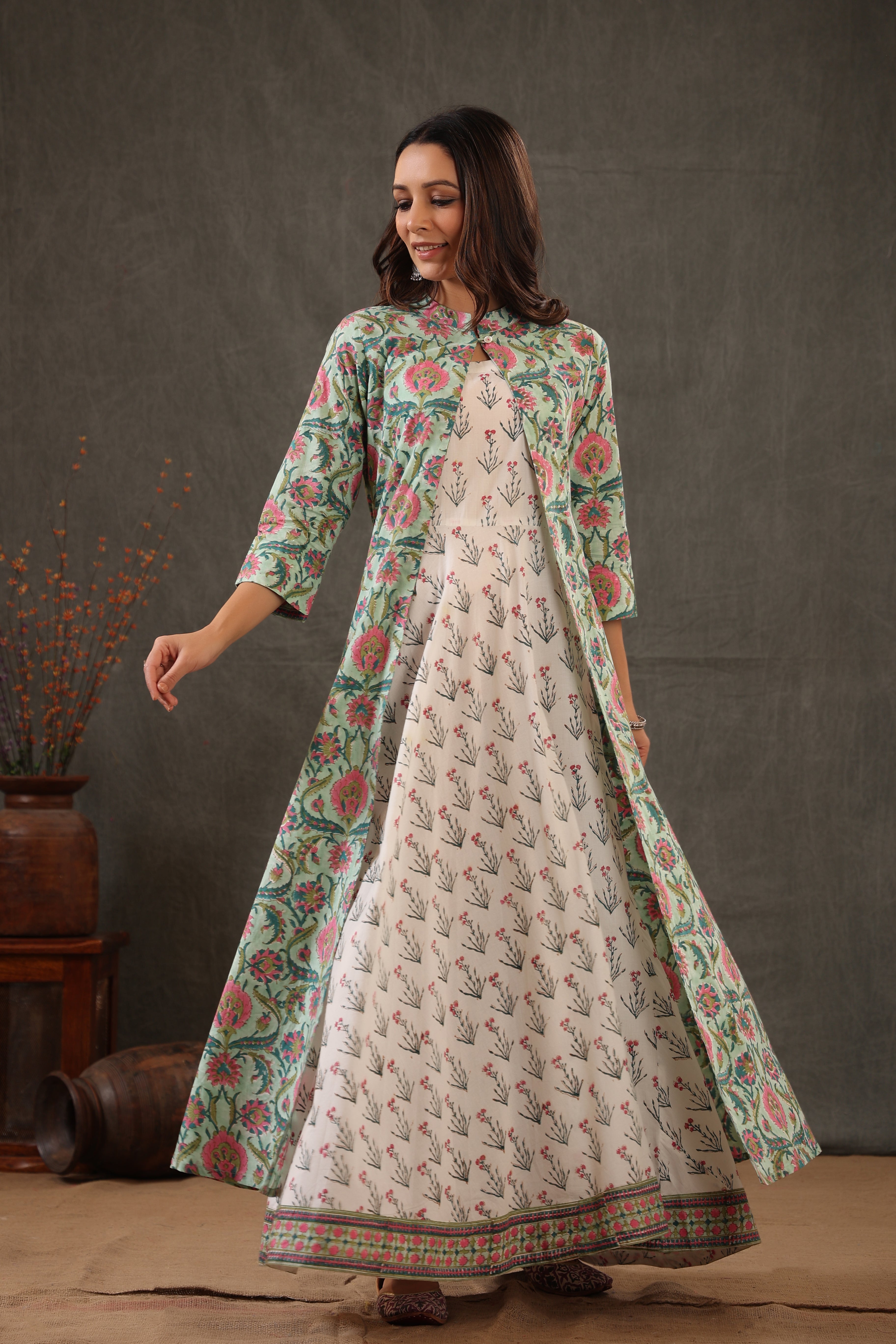 Mint green block printed double layered dress