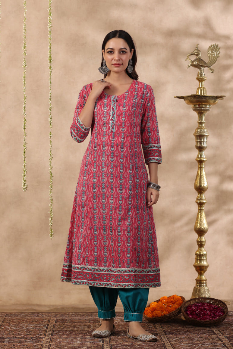 Shuddhi Pink and teal green kurta and duppata set