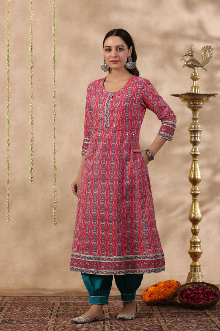 Shuddhi Pink and teal green kurta and duppata set