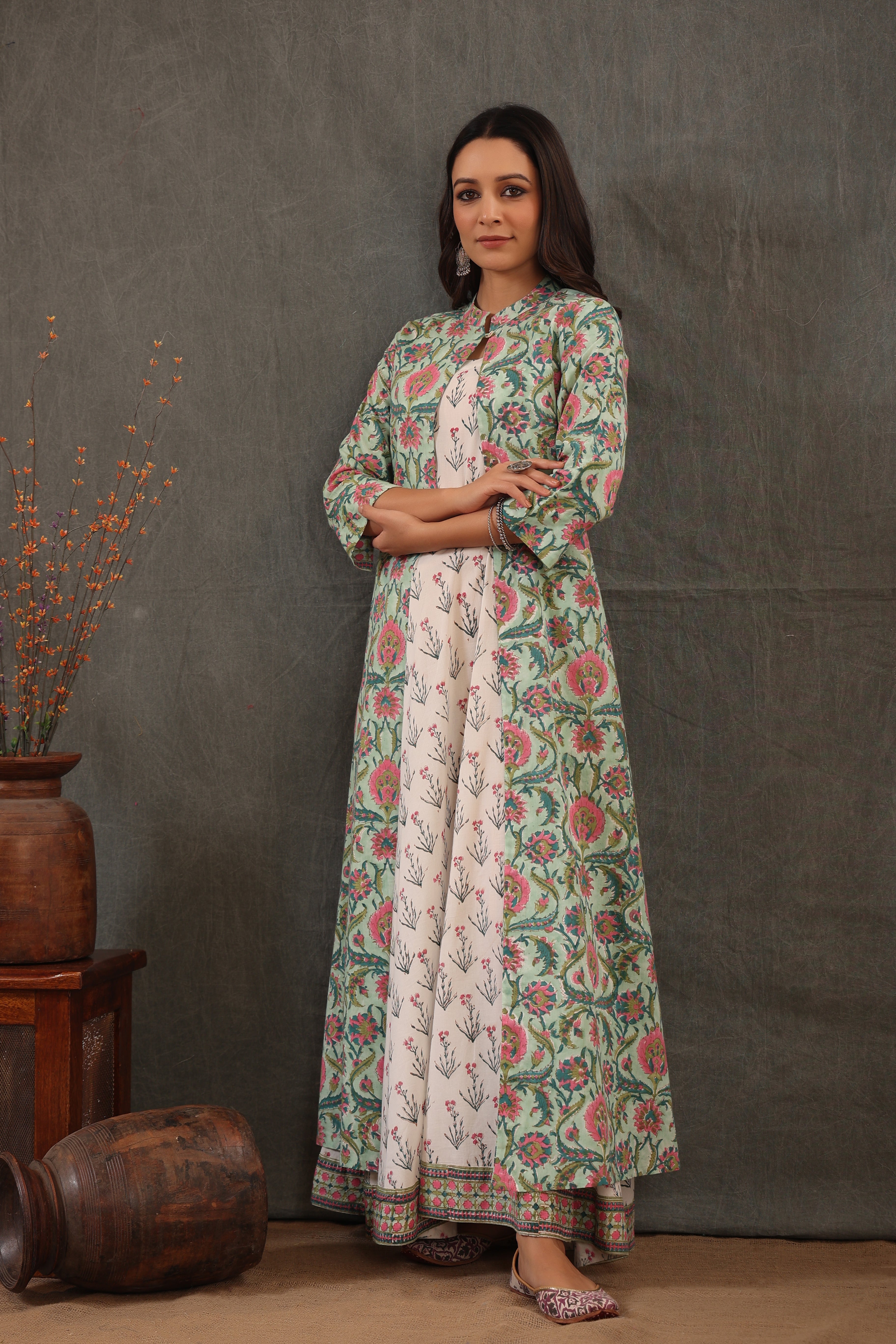 Mint green block printed double layered dress