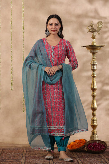 Shuddhi Pink and teal green kurta and duppata set
