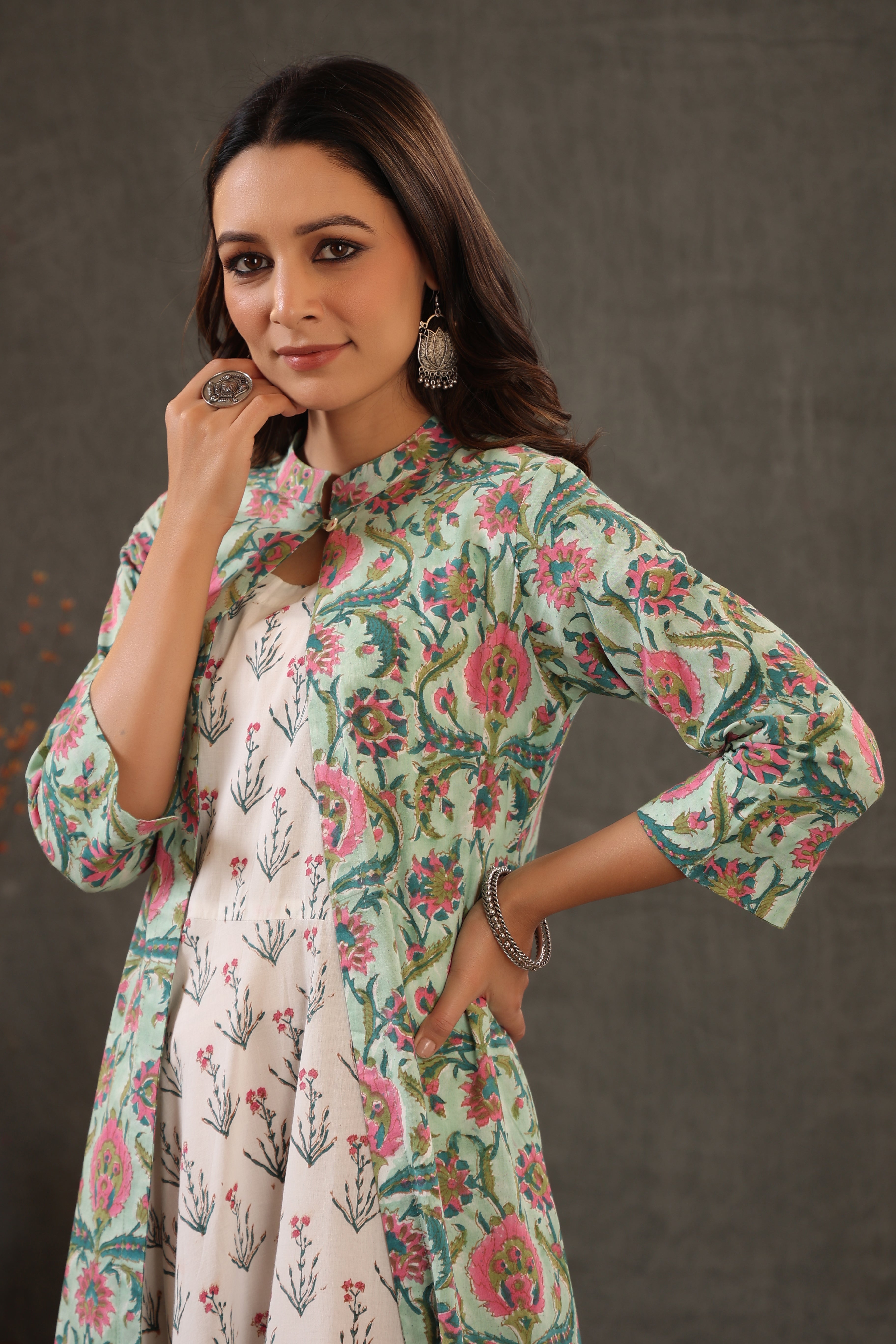 Mint green block printed double layered dress
