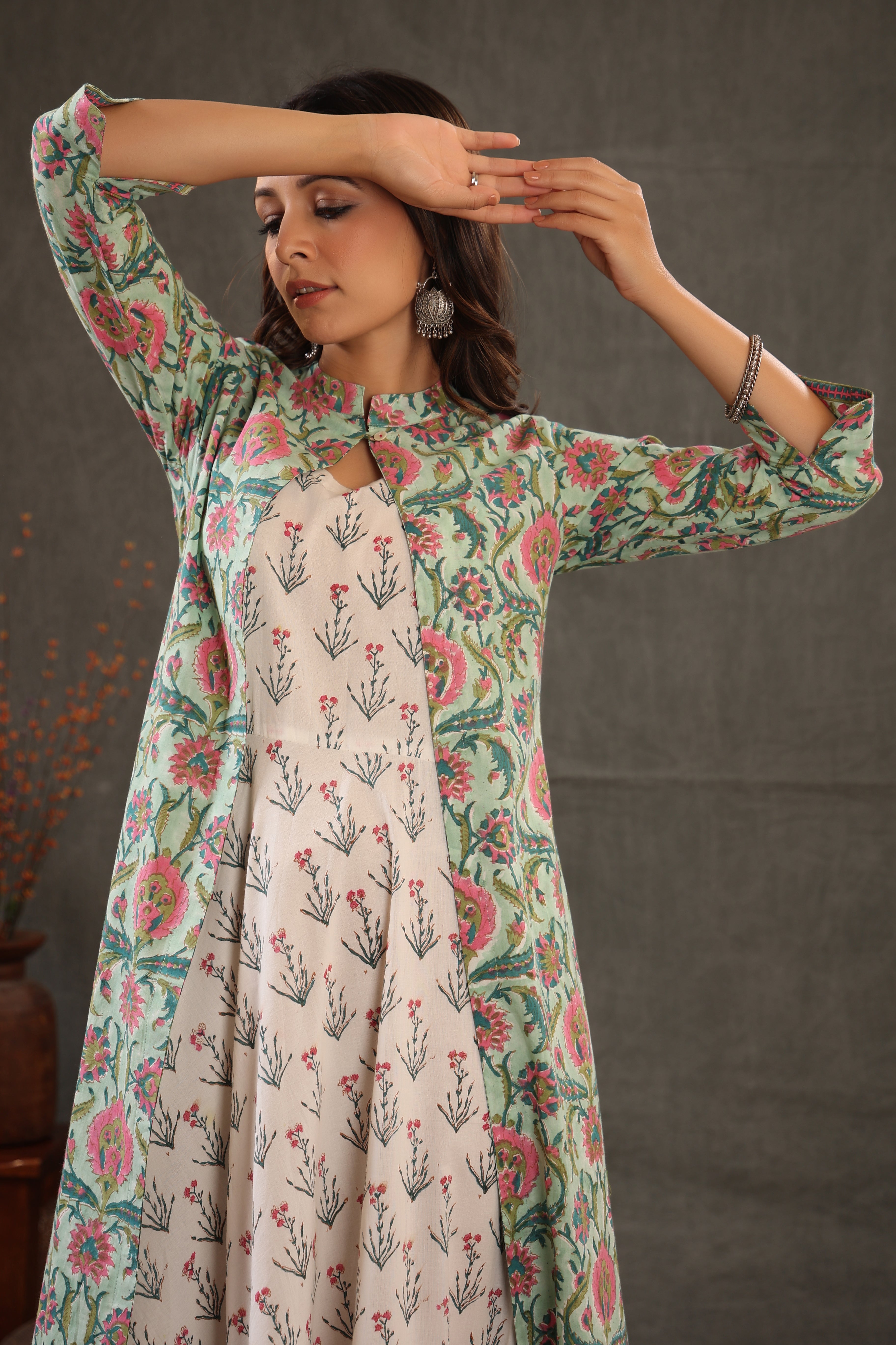 Mint green block printed double layered dress